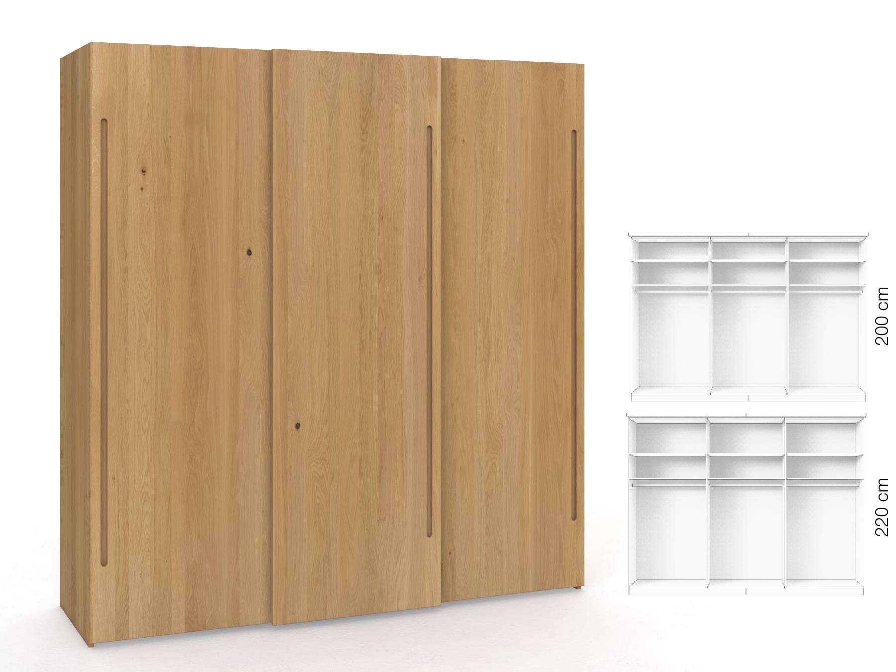 Eichenschrank Hell „Ludwig", 3-türig, Höhe 220 cm, Inneneinrichtung: A, Griff C