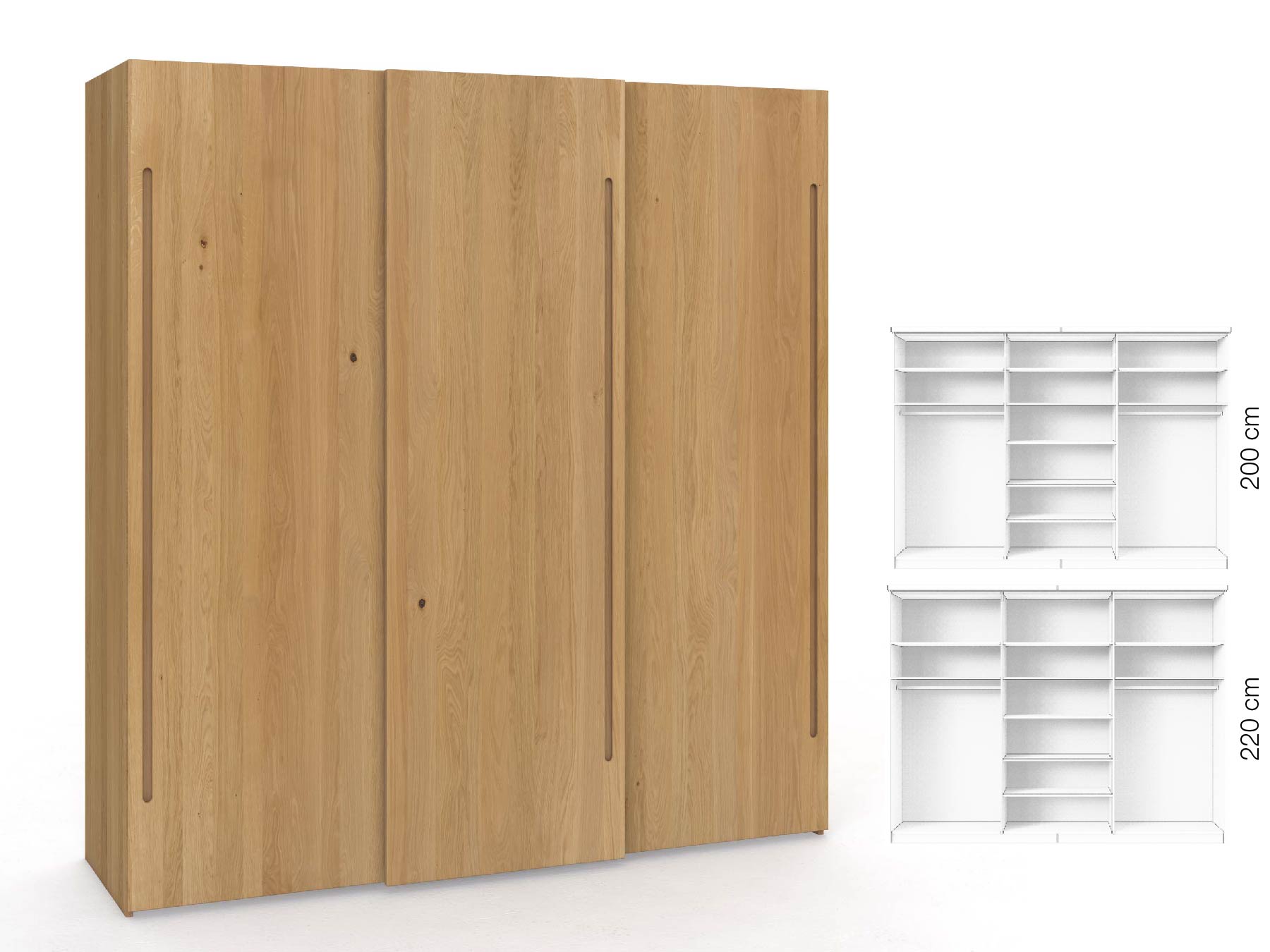 Eichenschrank Hell „Ludwig", 3-türig, Höhe 220 cm, Inneneinrichtung: B, Griff C