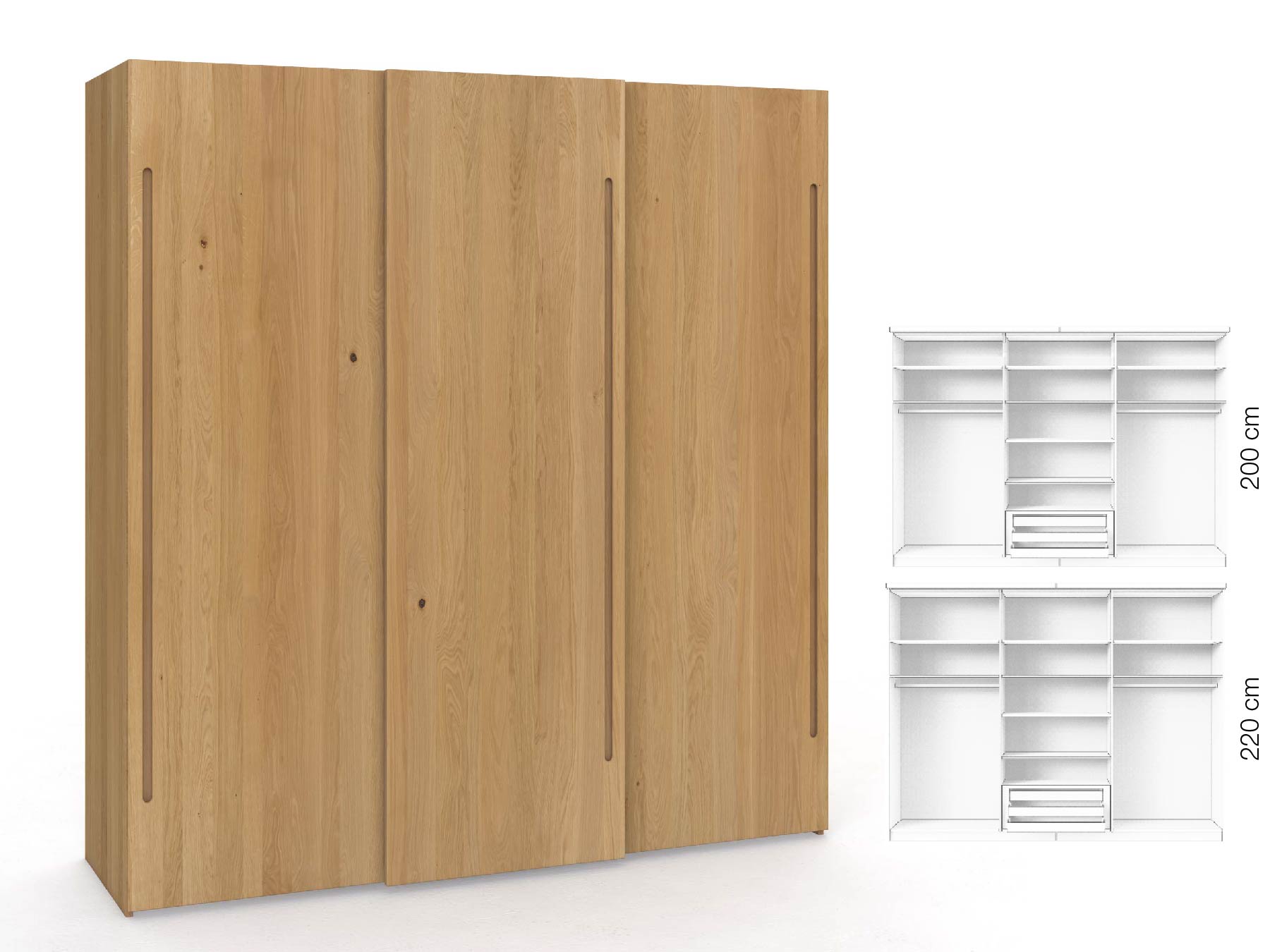 Eichenschrank Hell „Ludwig", 3-türig, Höhe 220 cm, Inneneinrichtung: D, Griff C