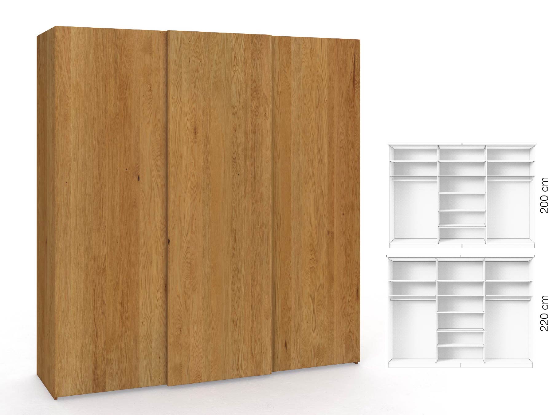 Eichenschrank „Ludwig", 3-türig, Höhe 220 cm, Inneneinrichtung: B, Grifflos