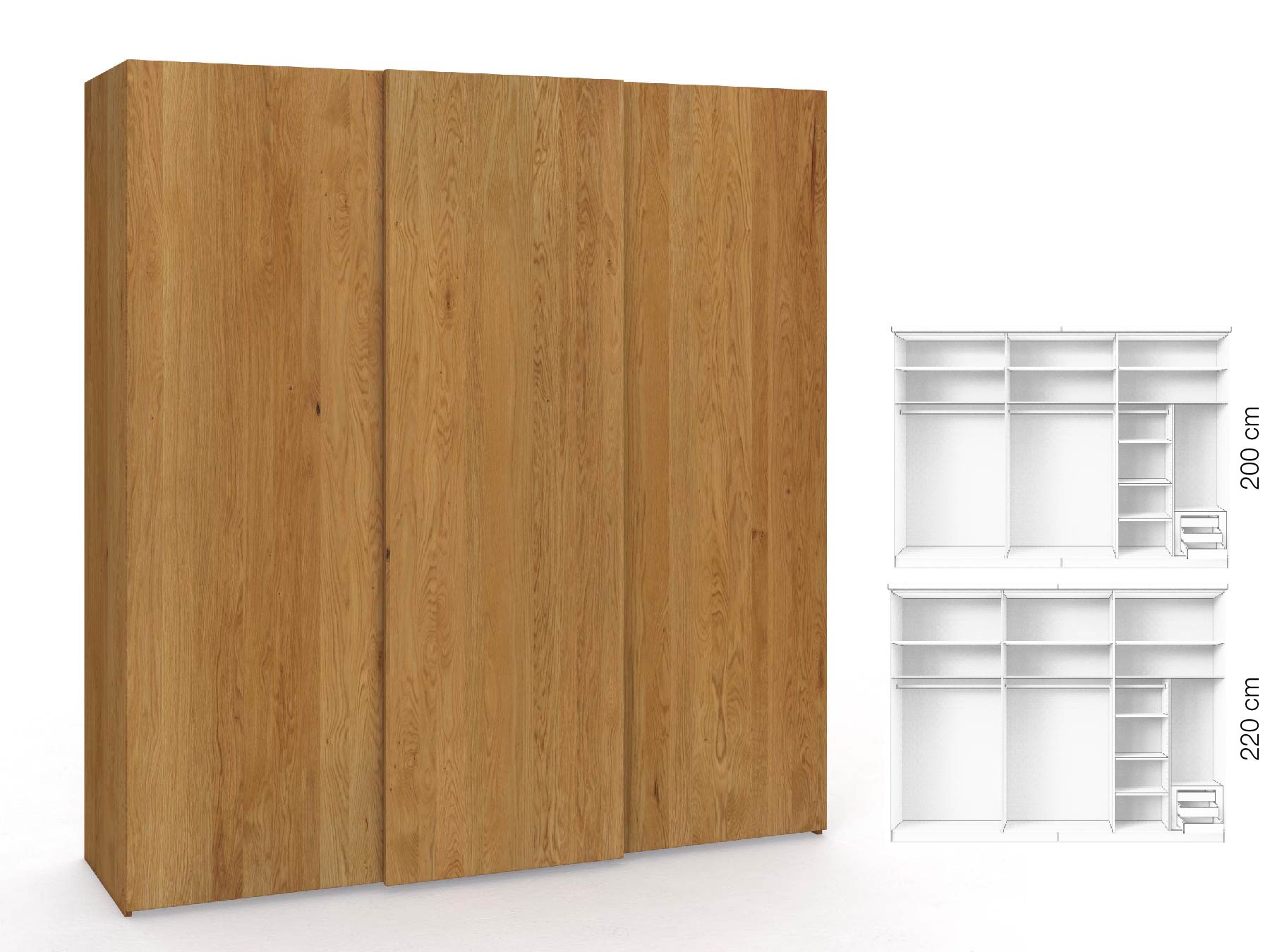 Eichenschrank „Ludwig", 3-türig, Höhe 220 cm, Inneneinrichtung: C, Grifflos