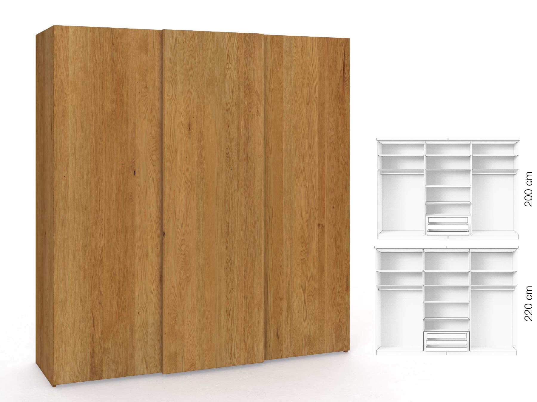 Eichenschrank „Ludwig", 3-türig, Höhe 220 cm, Inneneinrichtung: D, Grifflos