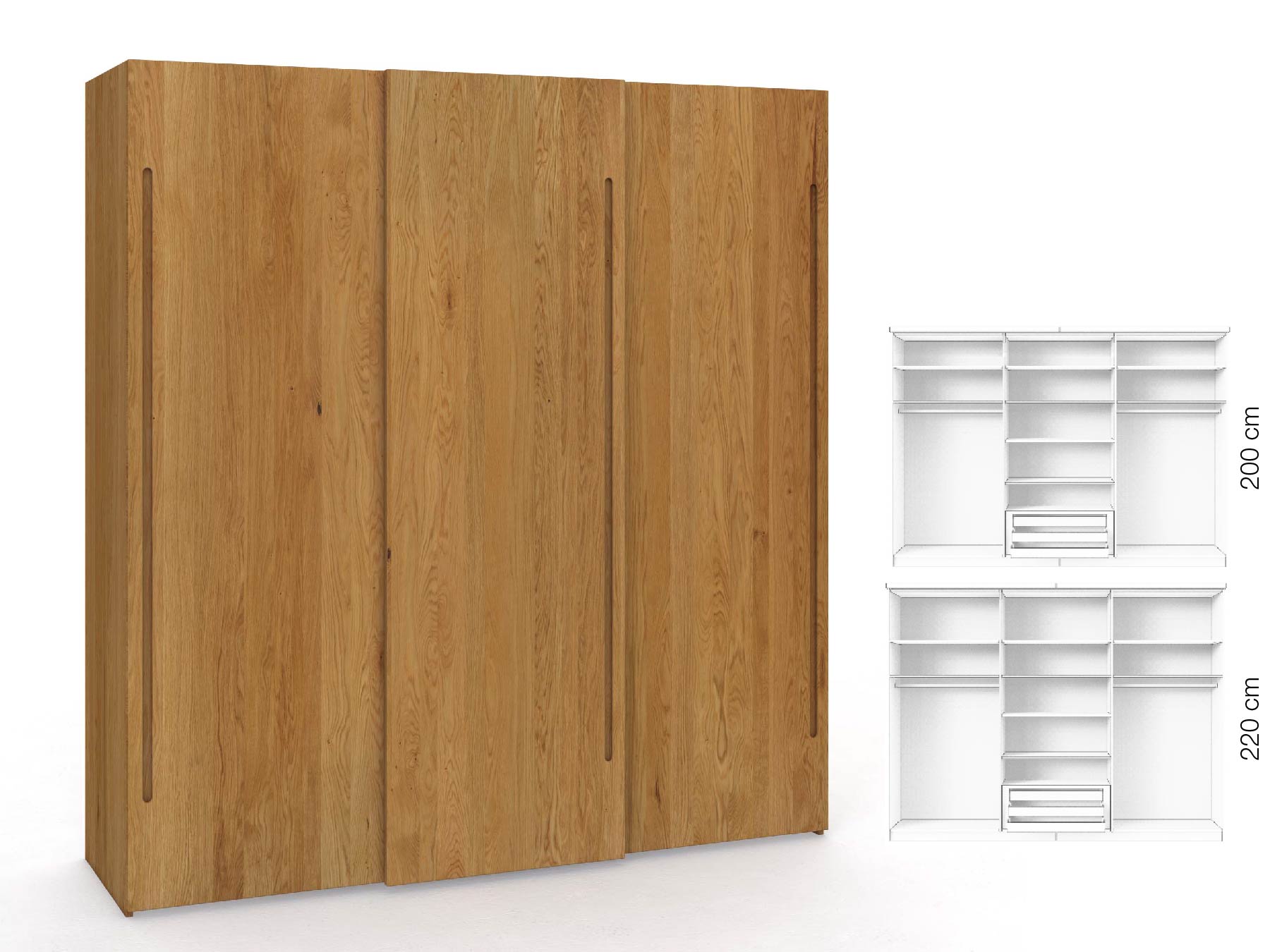 Eichenschrank „Ludwig", 3-türig, Höhe 220 cm, Inneneinrichtung: D, Griff C