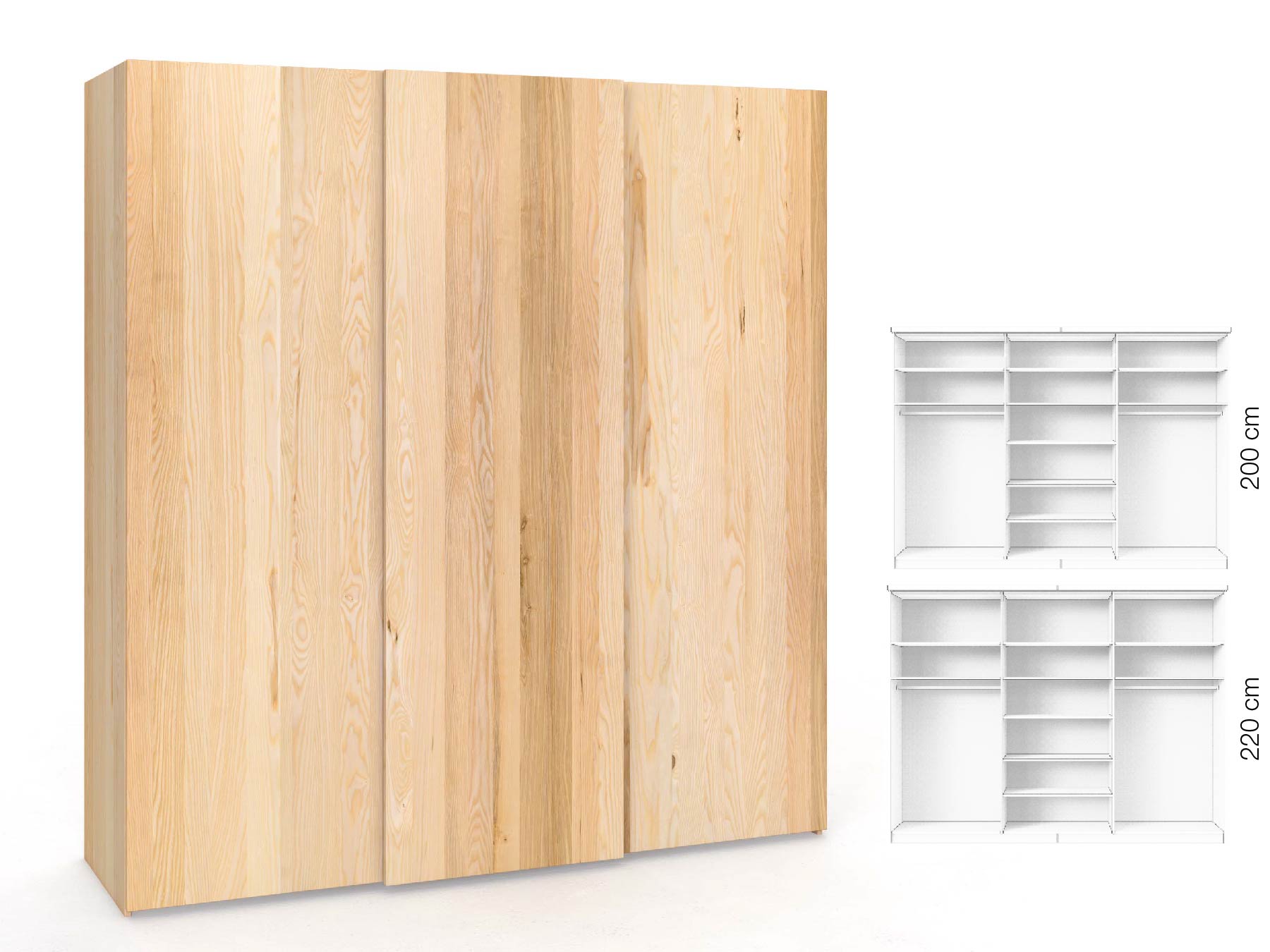 Eschenschrank „Ludwig", 3-türig, Höhe 220 cm, Inneneinrichtung: B, Grifflos