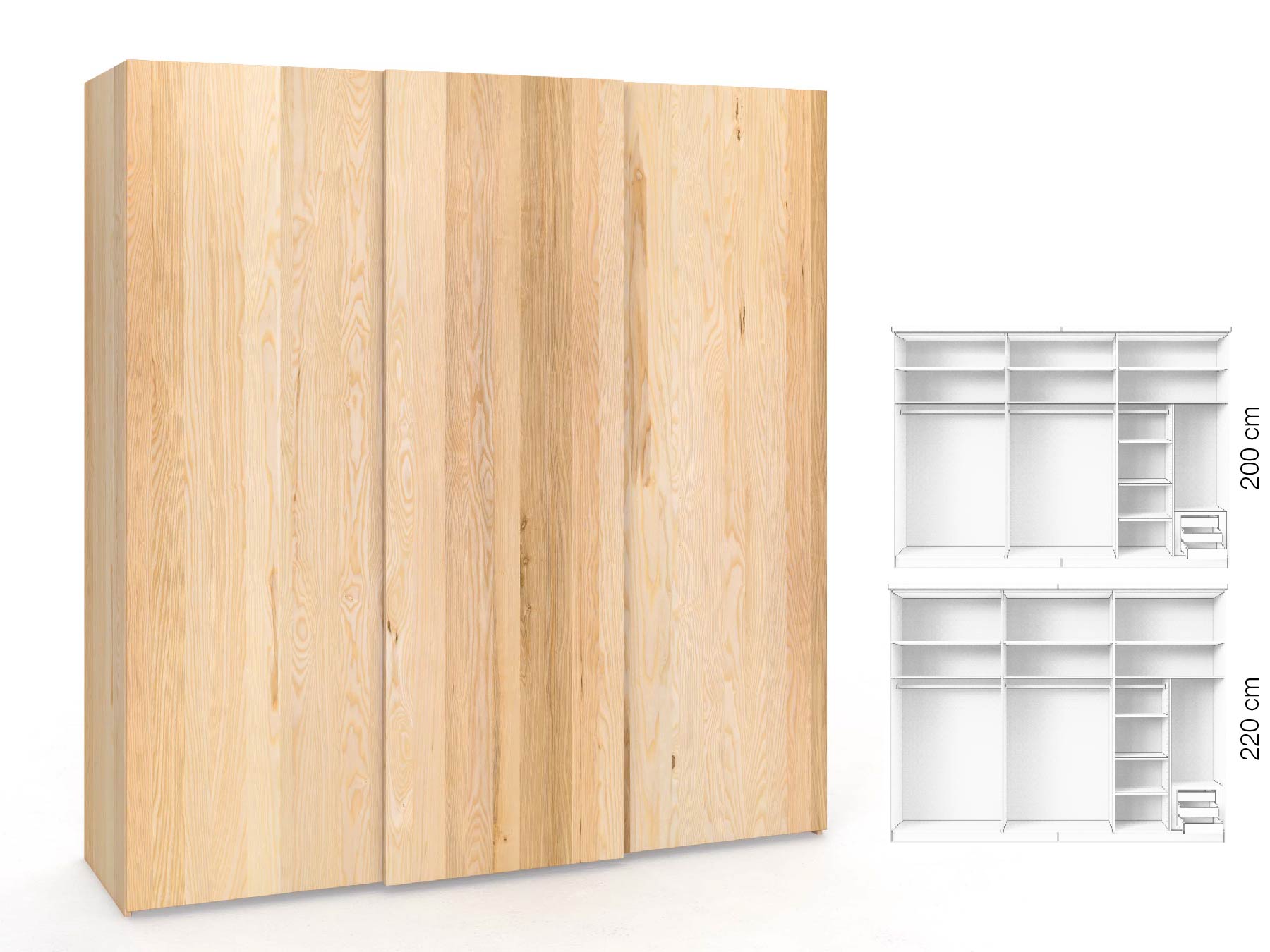 Eschenschrank „Ludwig", 3-türig, Höhe 220 cm, Inneneinrichtung: C, Grifflos