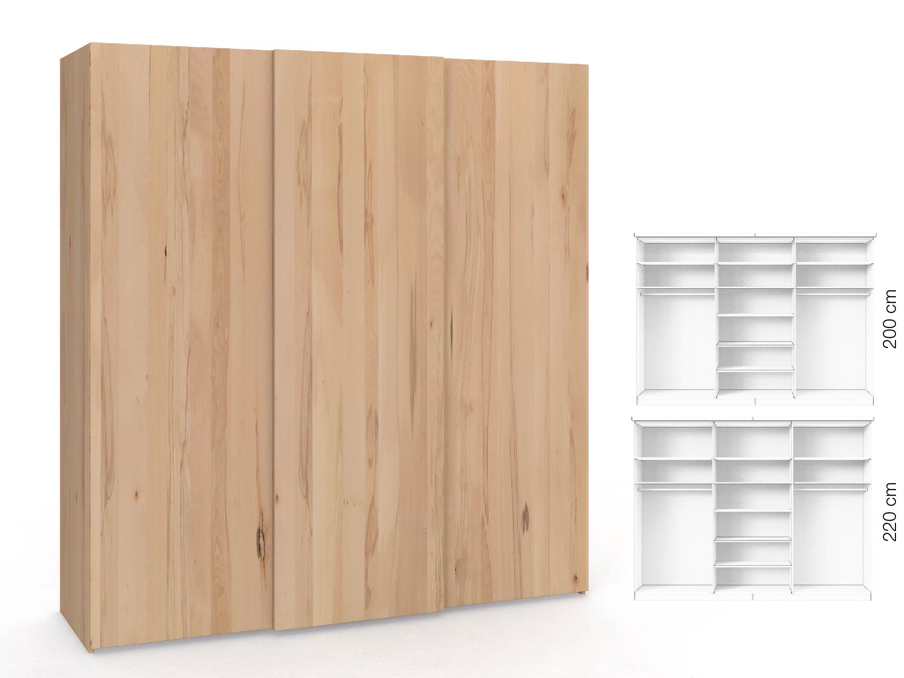 Buchenschrank „Ludwig", 3-türig, Höhe 220 cm, Inneneinrichtung: B, Grifflos