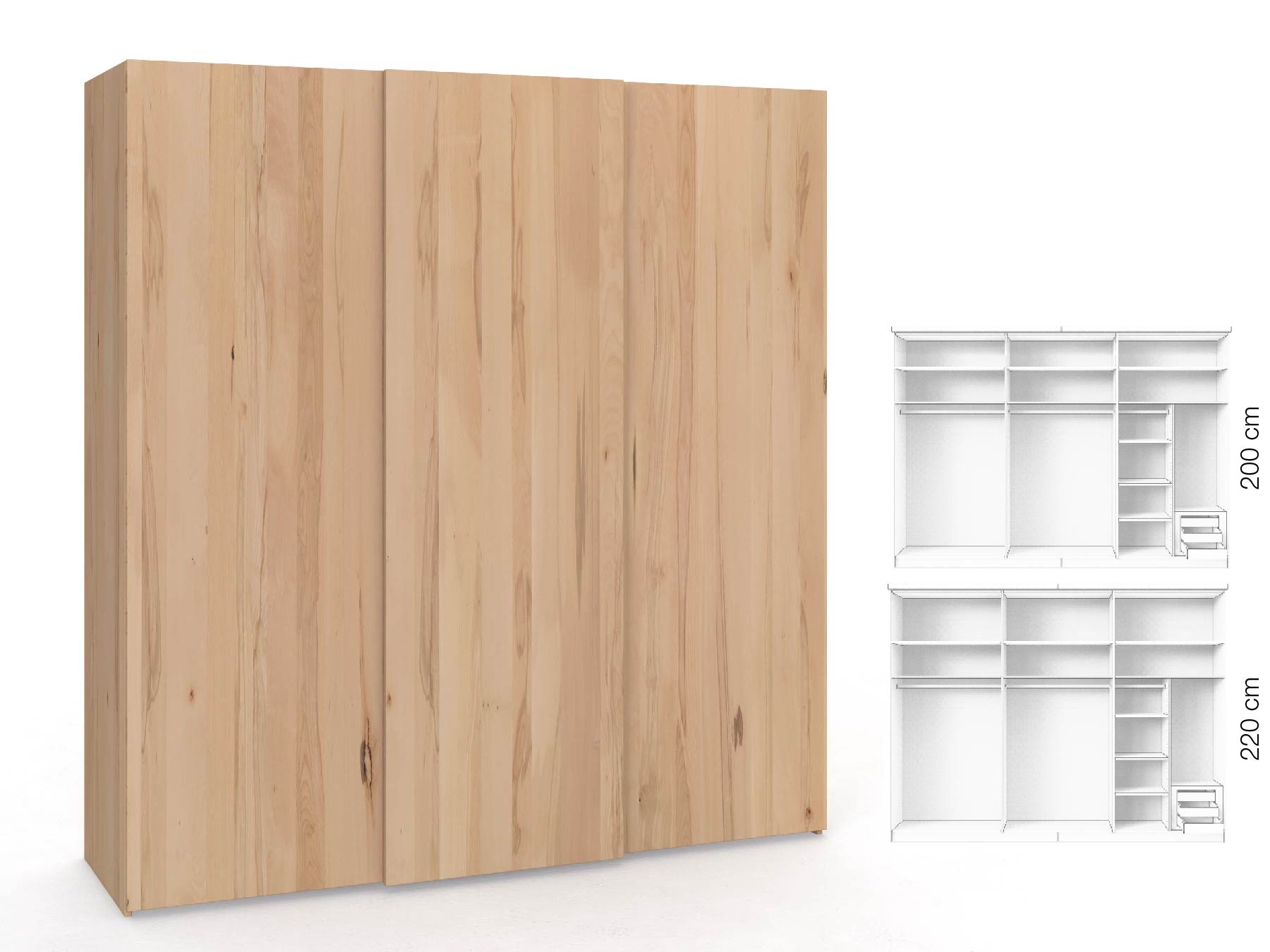 Buchenschrank „Ludwig", 3-türig, Höhe 220 cm, Inneneinrichtung: C, Grifflos