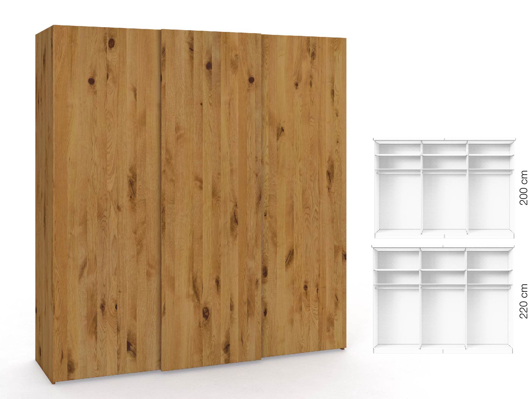 Wildeichenschrank „Ludwig", 3-türig, Höhe 220 cm, Inneneinrichtung: A, Grifflos