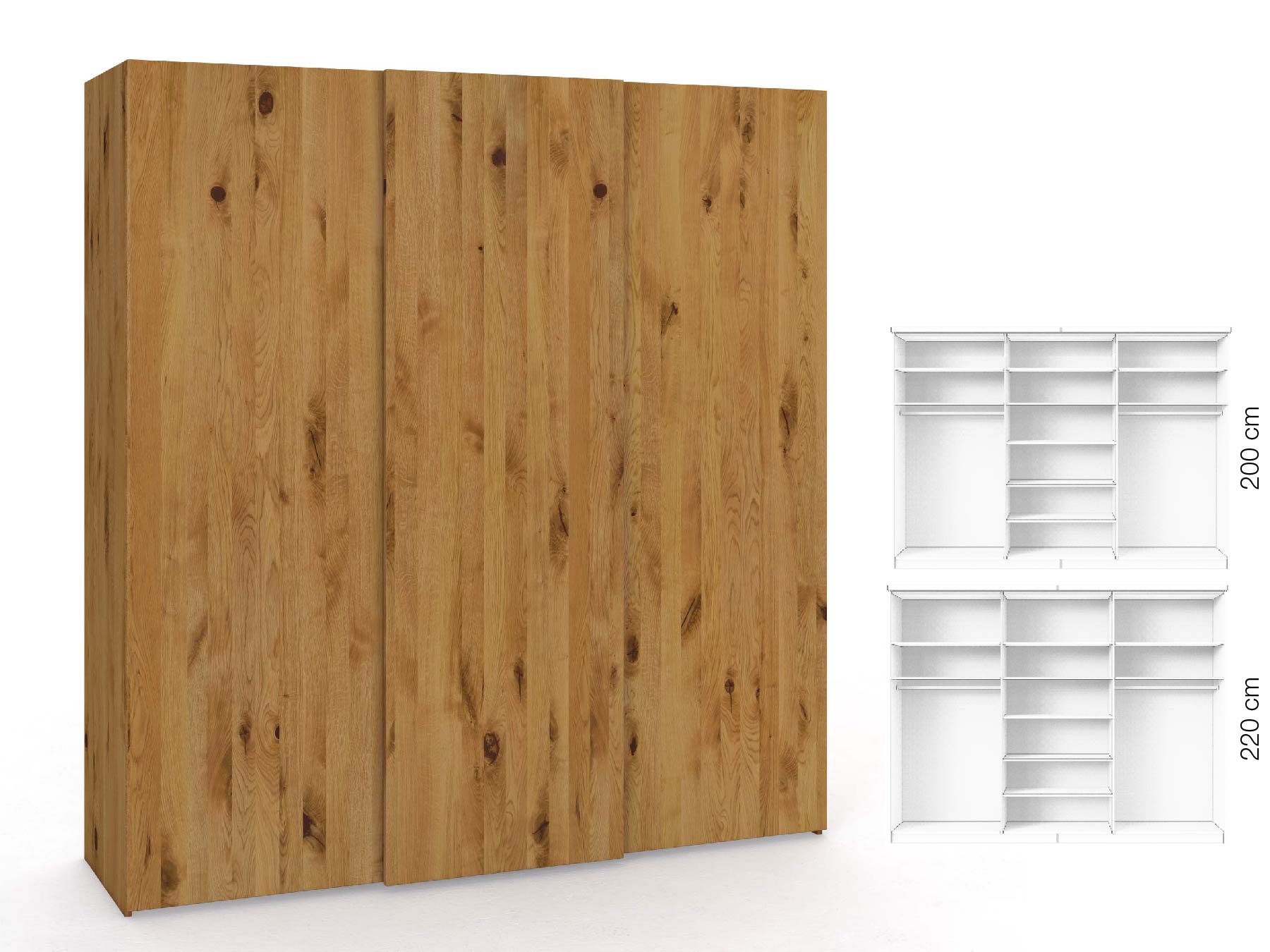 Wildeichenschrank „Ludwig", 3-türig, Höhe 220 cm, Inneneinrichtung: B, Grifflos