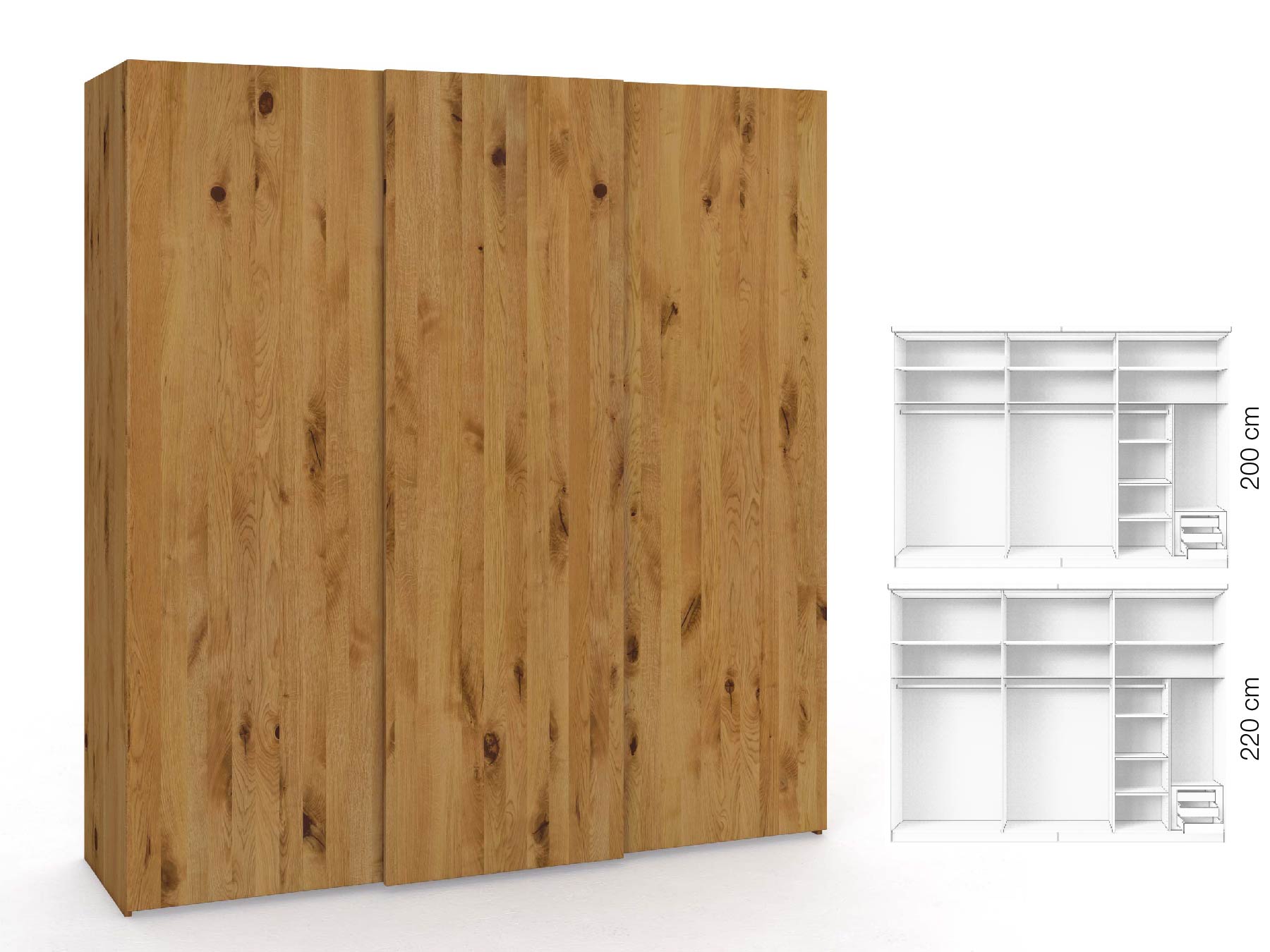 Wildeichenschrank „Ludwig", 3-türig, Höhe 220 cm, Inneneinrichtung: C, Grifflos