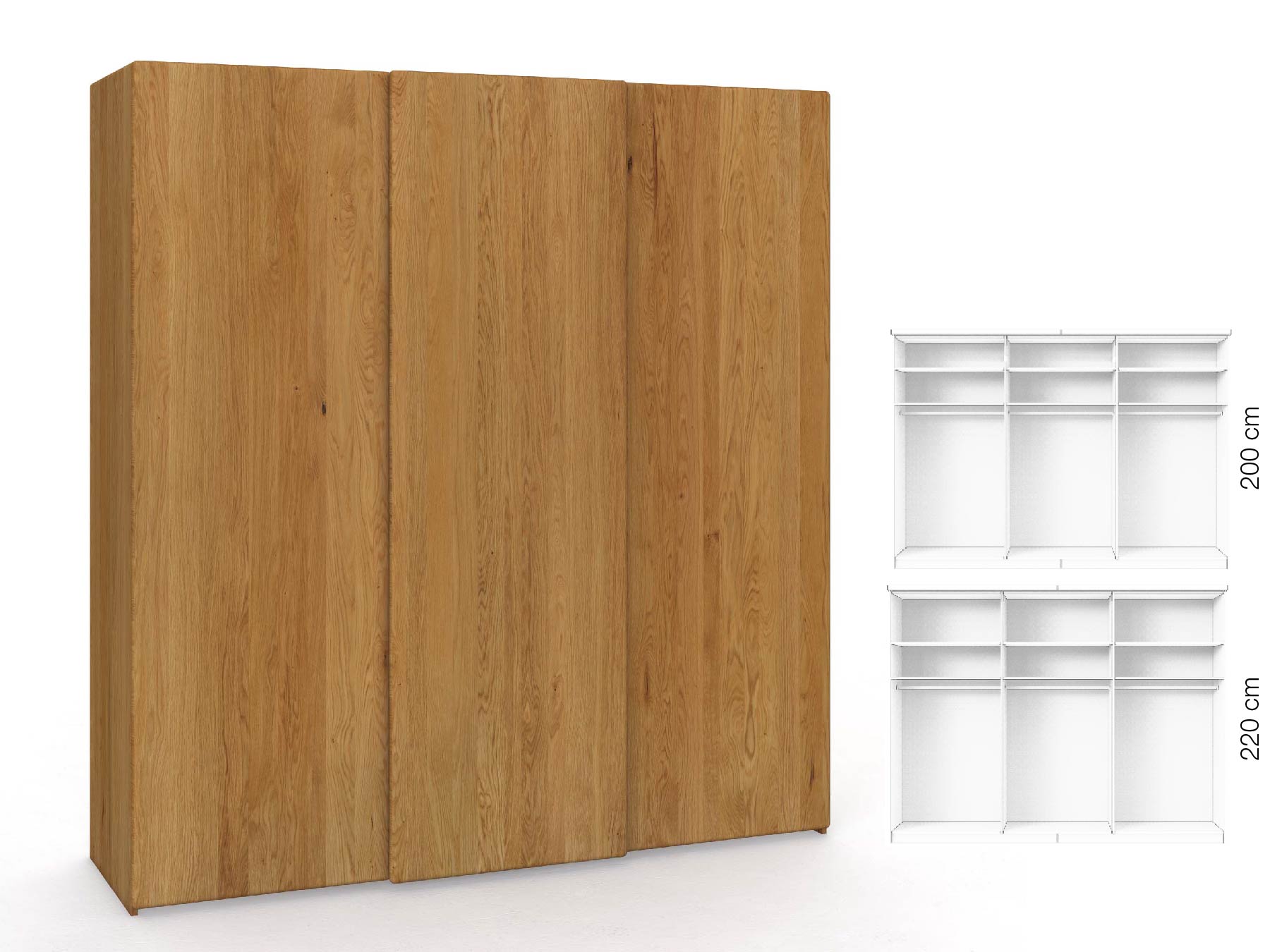 Eichenschrank „Viktor", 3-türig, Höhe 220 cm, Inneneinrichtung: A, Grifflos