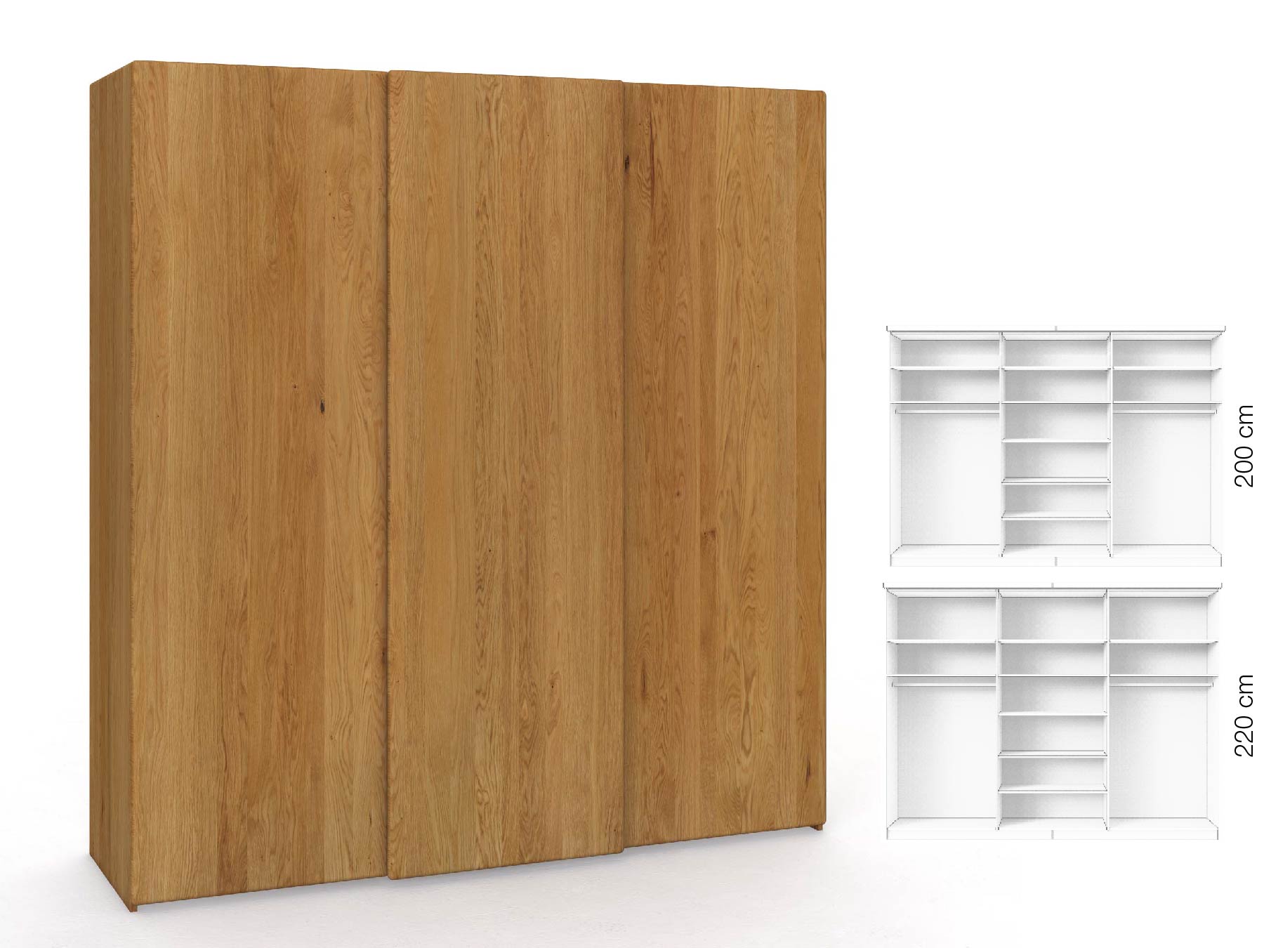 Eichenschrank „Viktor", 3-türig, Höhe 220 cm, Inneneinrichtung: B, Grifflos