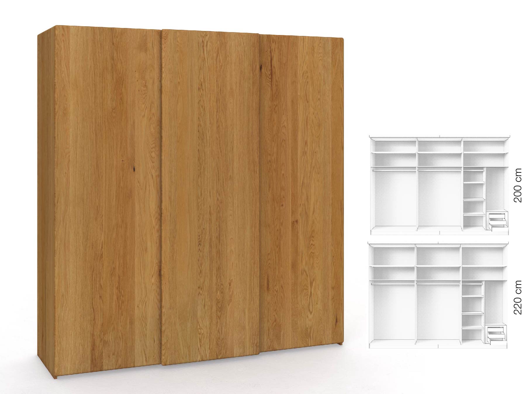 Eichenschrank „Viktor", 3-türig, Höhe 220 cm, Inneneinrichtung: C, Grifflos