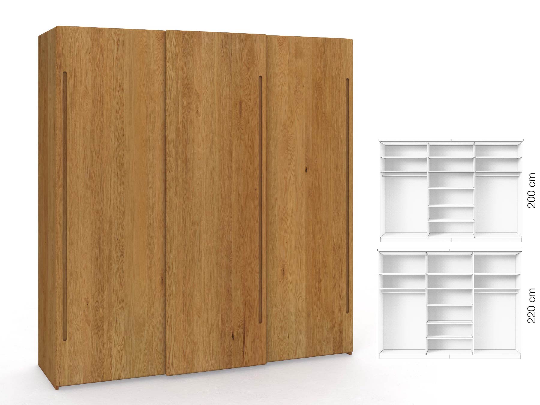 Eichenschrank „Viktor", 3-türig, Höhe 220 cm, Inneneinrichtung: B, Griff C
