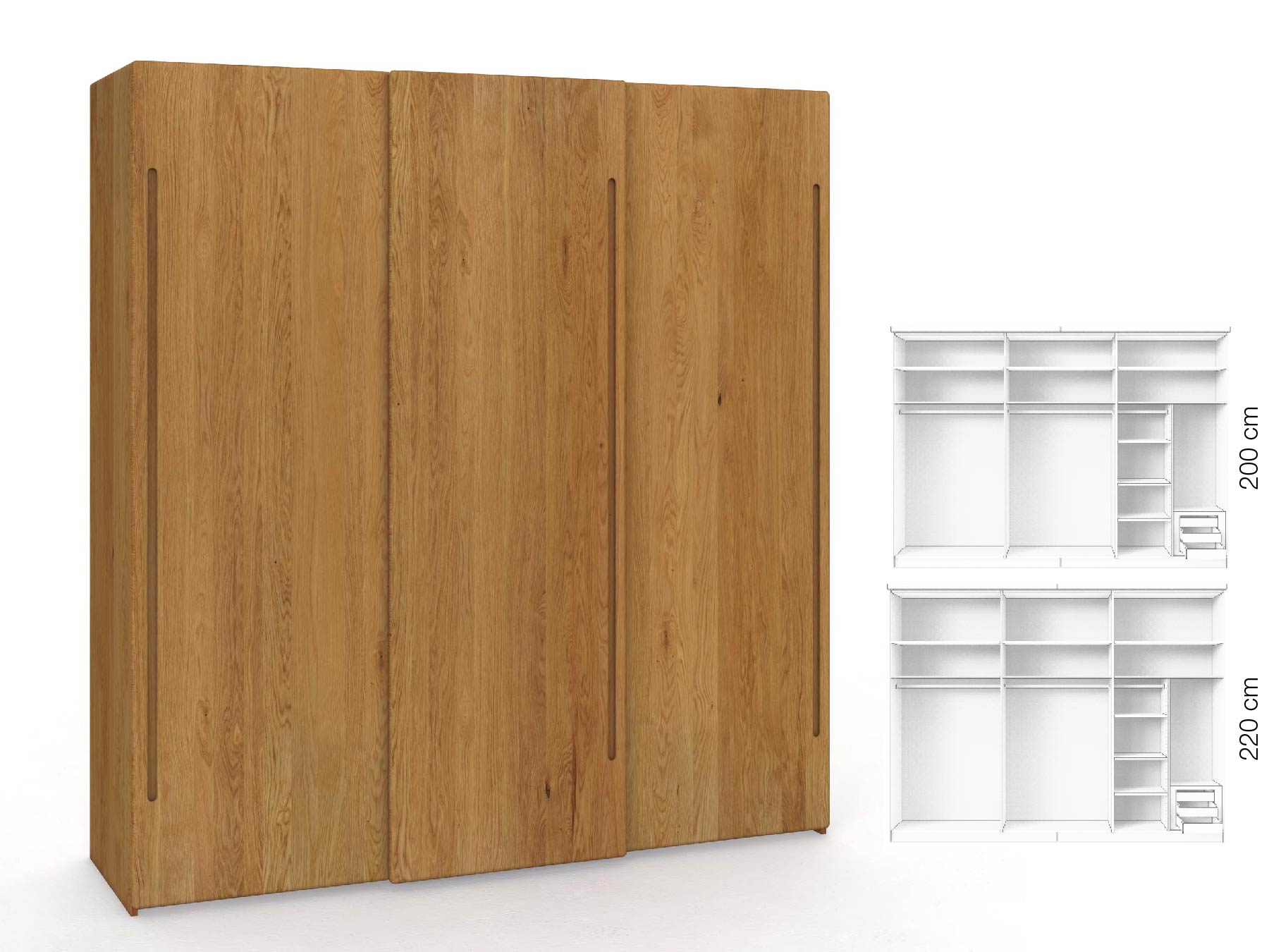 Eichenschrank „Viktor", 3-türig, Höhe 220 cm, Inneneinrichtung: C, Griff C
