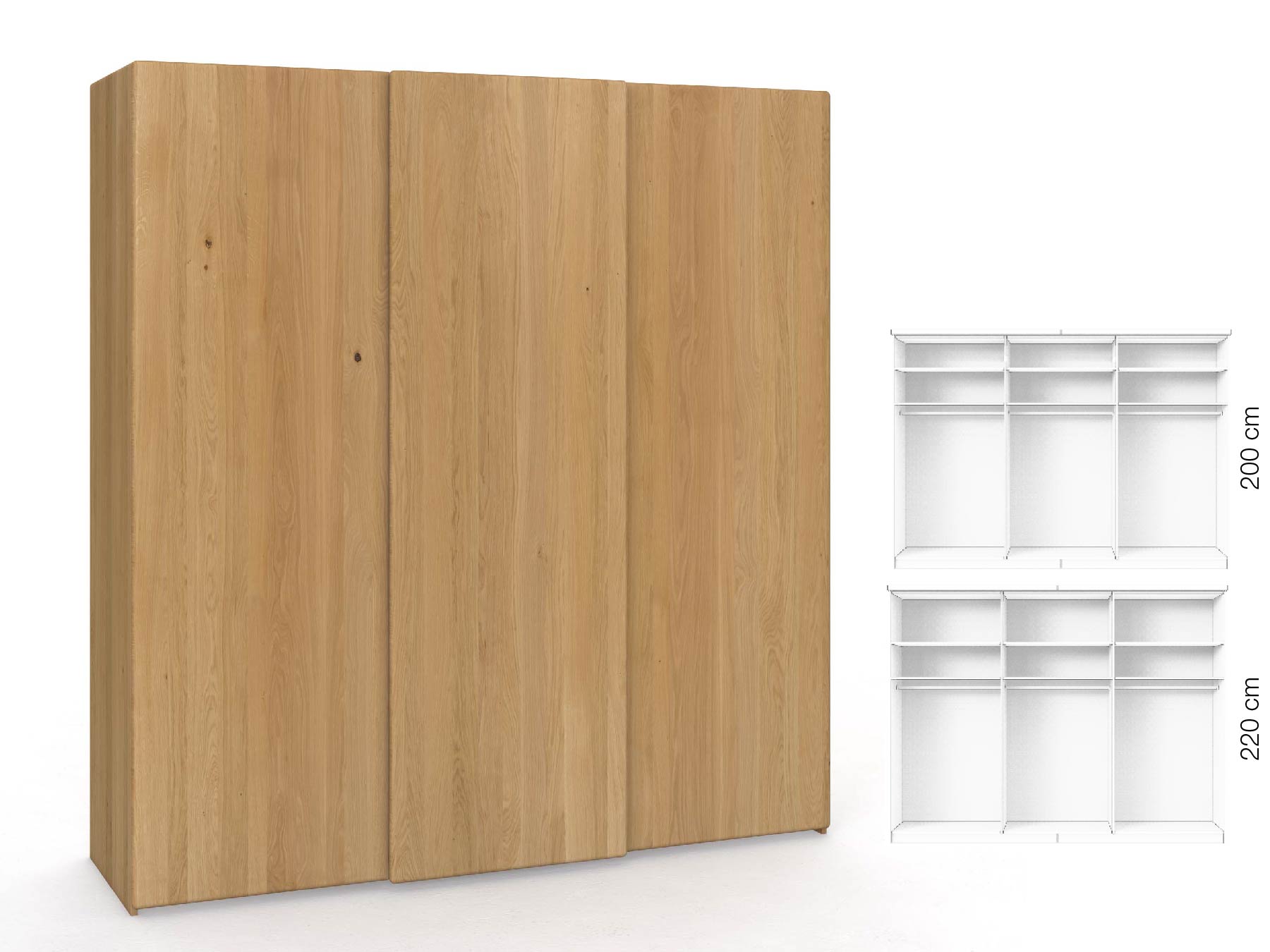 Eichenschrank Hell „Viktor", 3-türig, Höhe 220 cm, Inneneinrichtung: A, Grifflos
