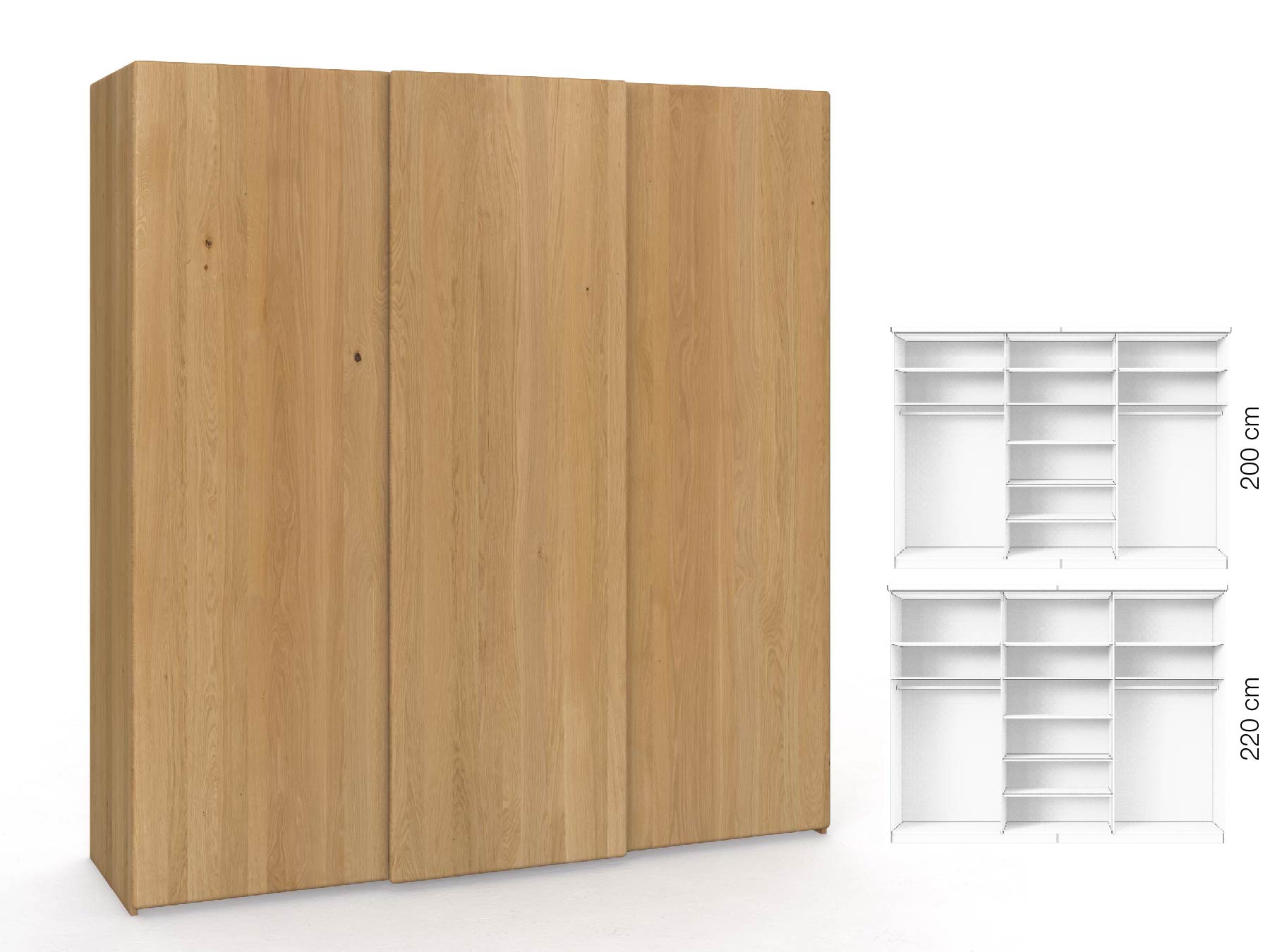 Eichenschrank Hell „Viktor", 3-türig, Höhe 220 cm, Inneneinrichtung: B, Grifflos