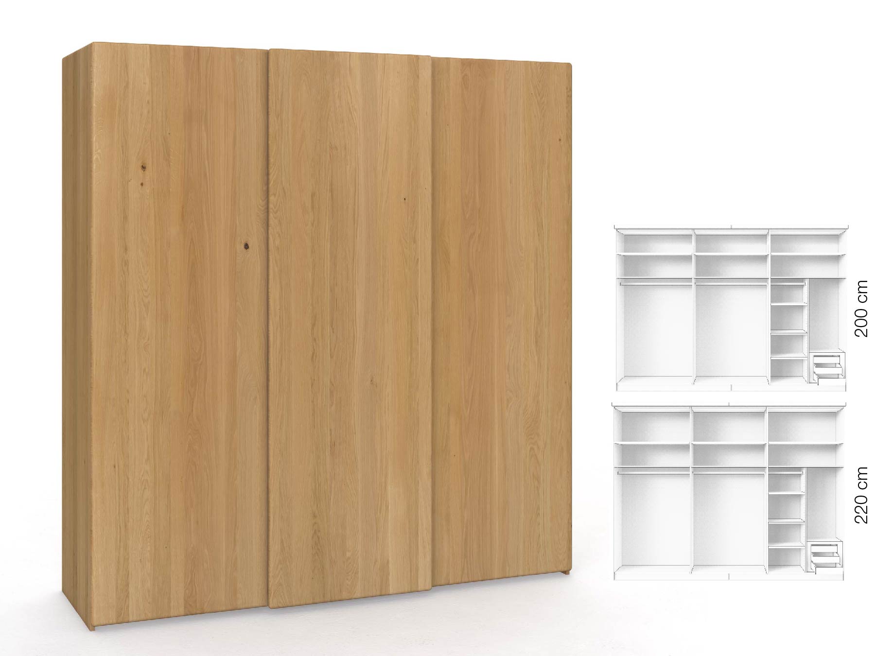 Eichenschrank Hell „Viktor", 3-türig, Höhe 220 cm, Inneneinrichtung: C, Grifflos