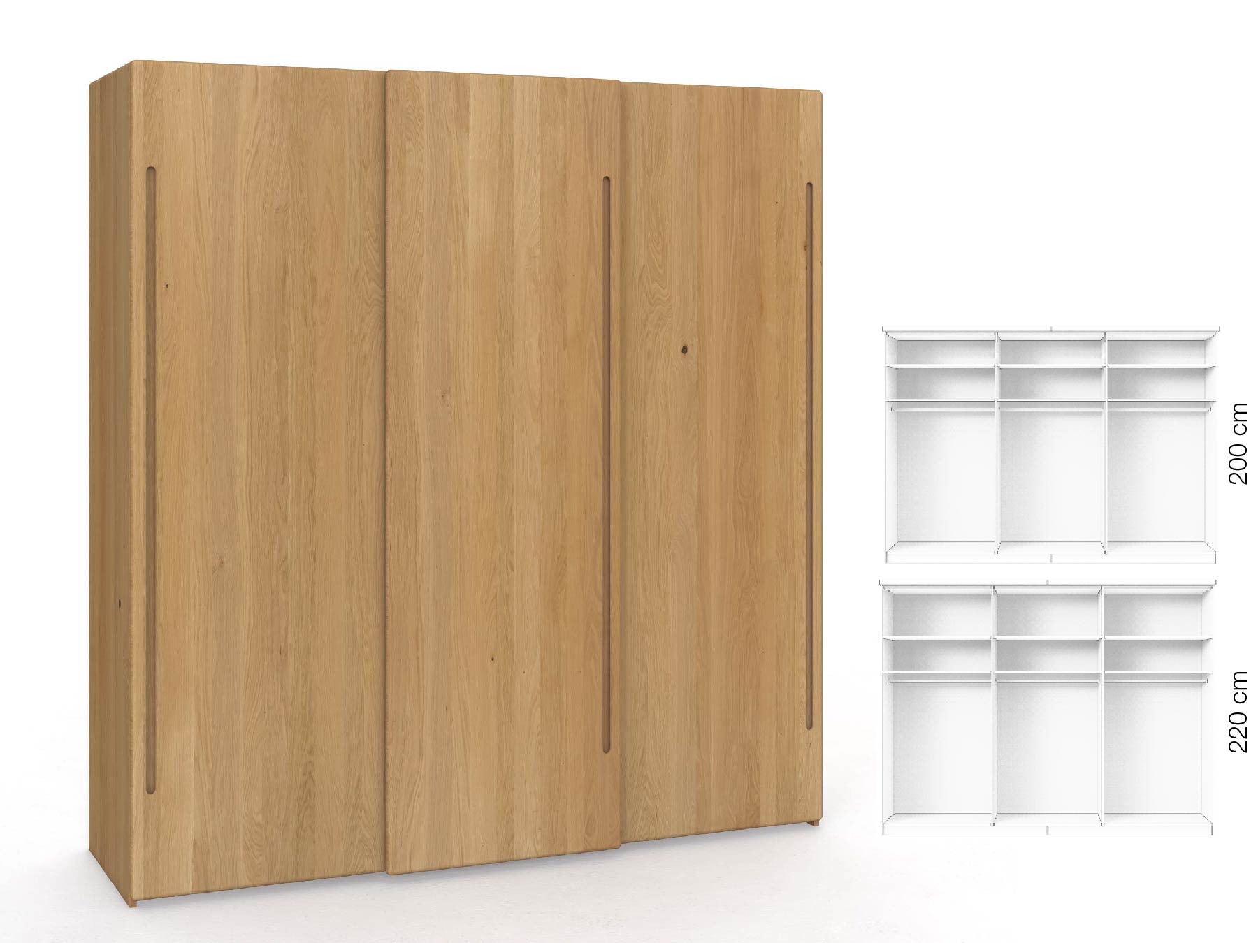 Eichenschrank Hell „Viktor", 3-türig, Höhe 220 cm, Inneneinrichtung: A, Griff C