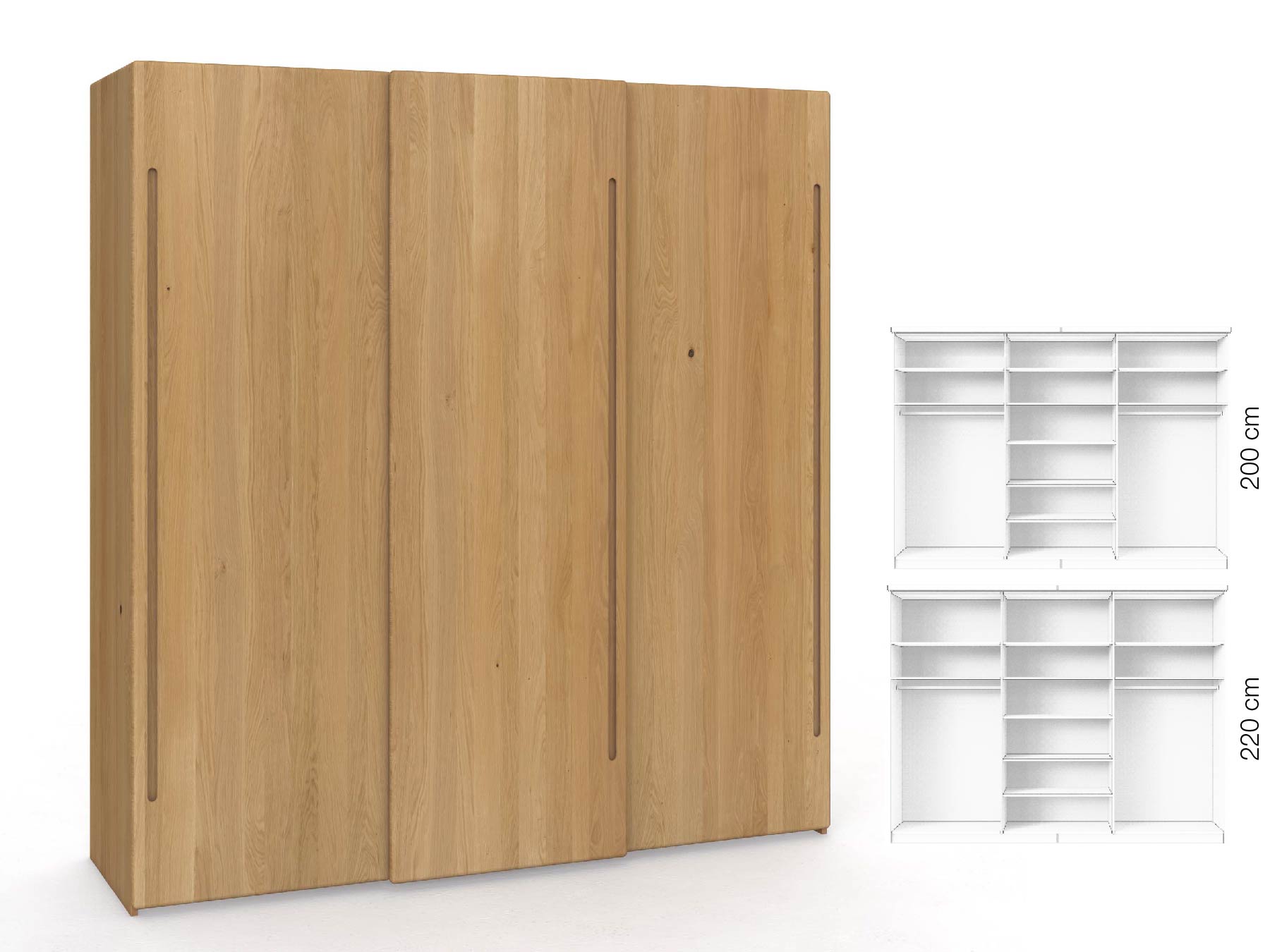 Eichenschrank Hell „Viktor", 3-türig, Höhe 220 cm, Inneneinrichtung: B, Griff C