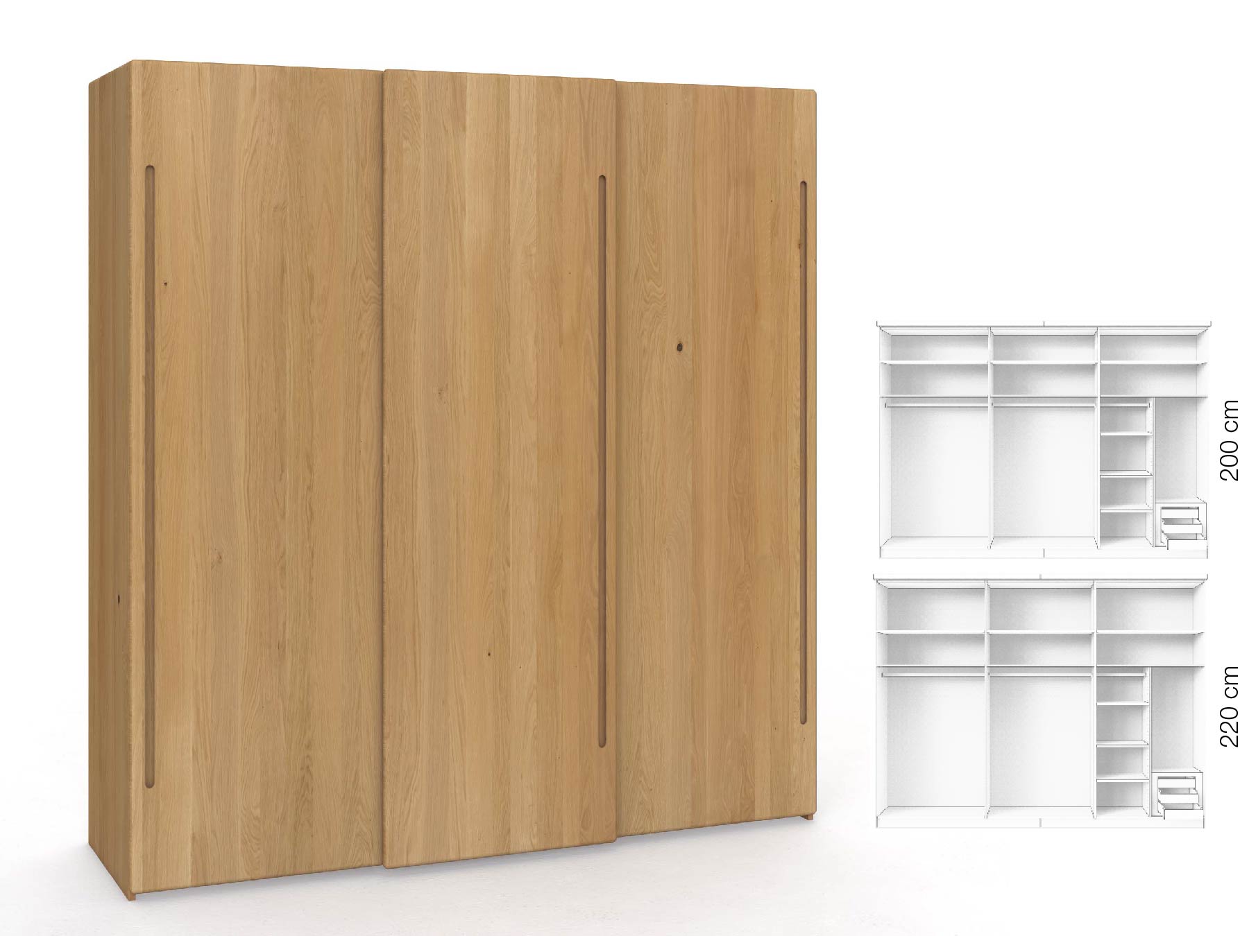 Eichenschrank Hell „Viktor", 3-türig, Höhe 220 cm, Inneneinrichtung: C, Griff C