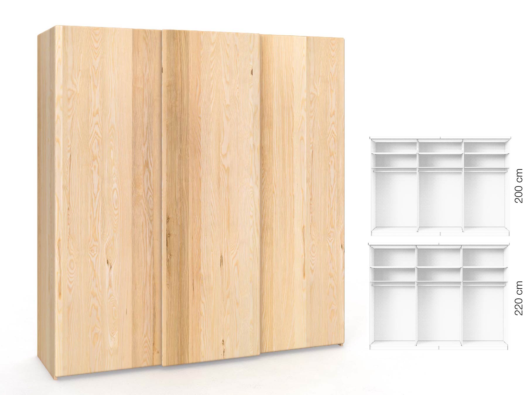 Eschenschrank „Viktor", 3-türig, Höhe 220 cm, Inneneinrichtung: A, Grifflos