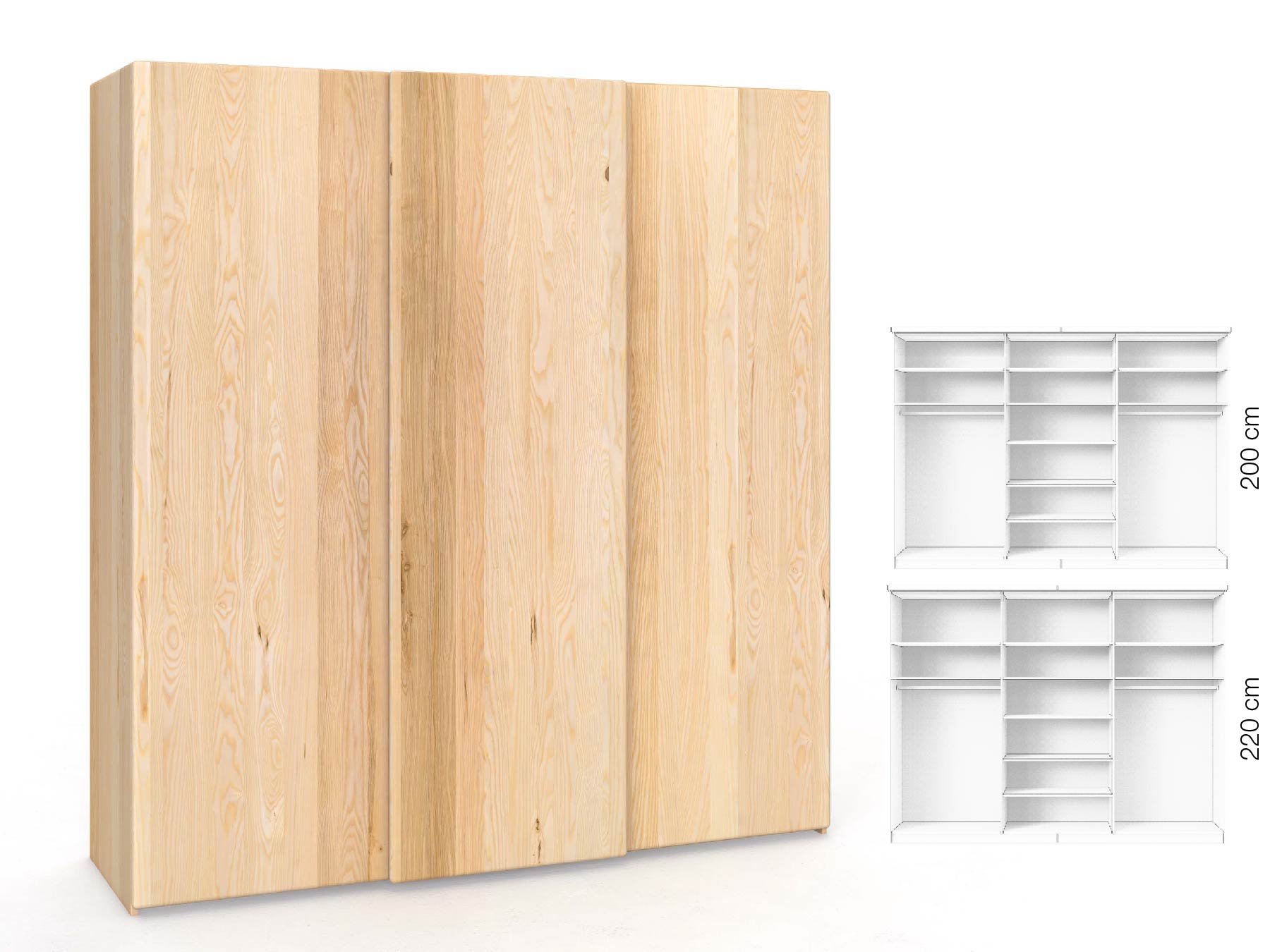 Eschenschrank „Viktor", 3-türig, Höhe 220 cm, Inneneinrichtung: B, Grifflos