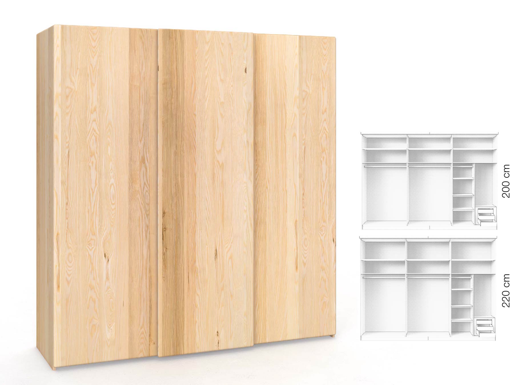 Eschenschrank „Viktor", 3-türig, Höhe 220 cm, Inneneinrichtung: C, Grifflos