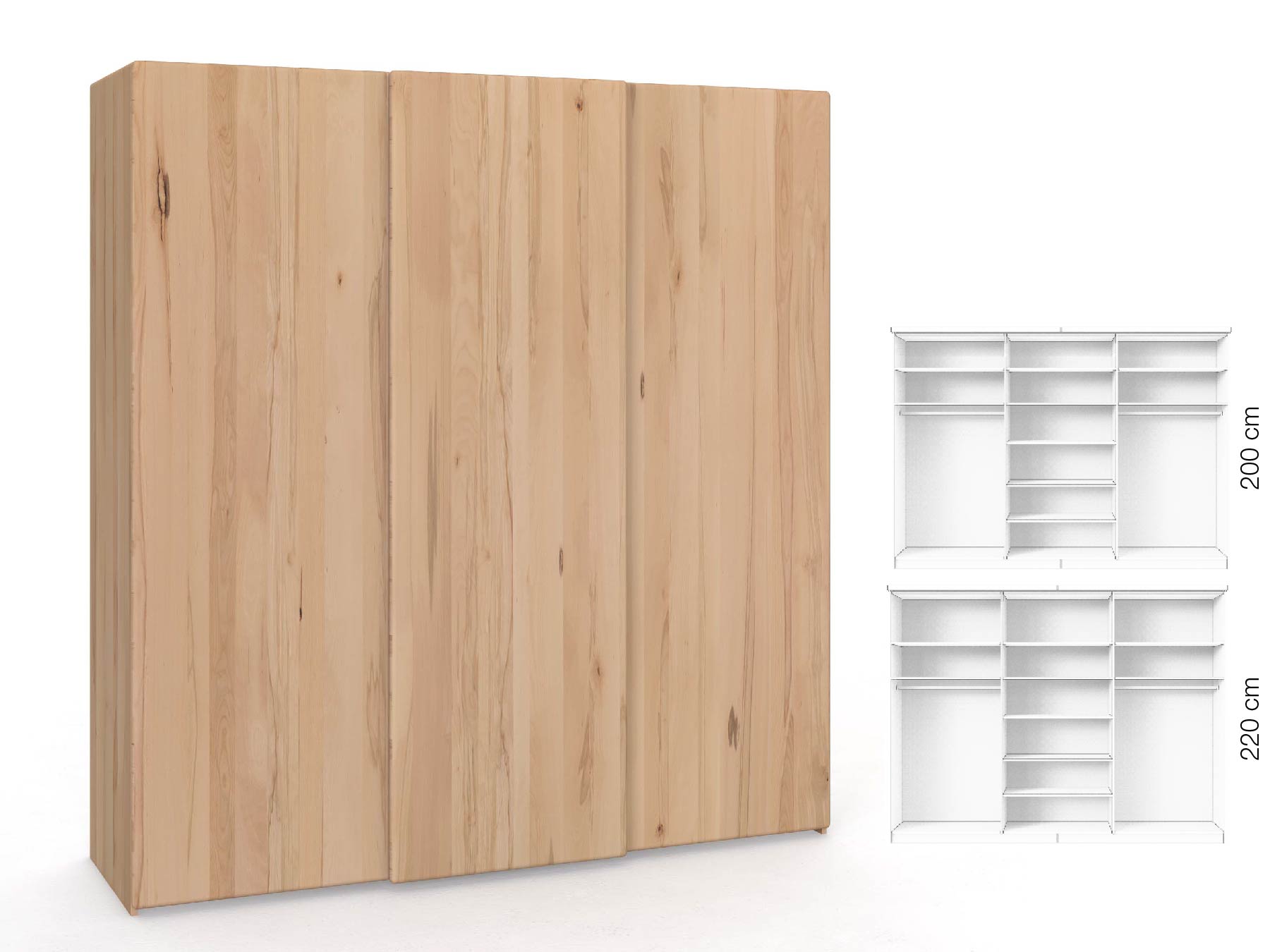Buchenschrank „Viktor", 3-türig, Höhe 220 cm, Inneneinrichtung: B, Grifflos