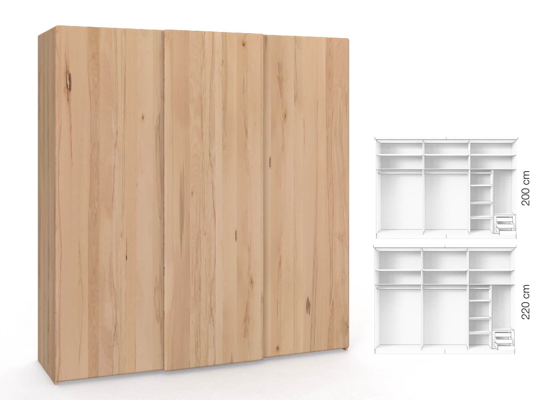 Buchenschrank „Viktor", 3-türig, Höhe 220 cm, Inneneinrichtung: C, Grifflos