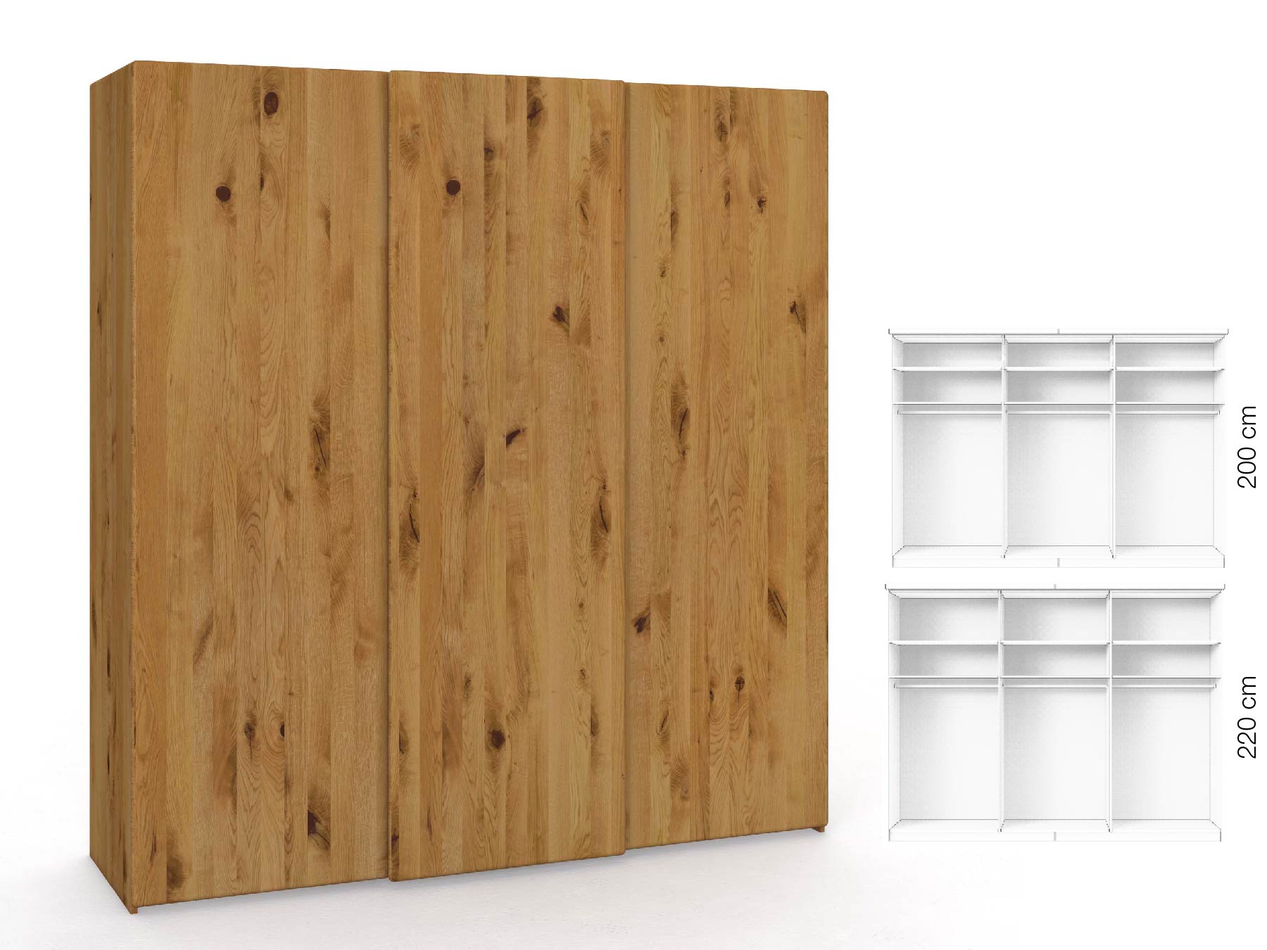 Wildeichenschrank „Viktor", 3-türig, Höhe 220 cm, Inneneinrichtung: A, Grifflos