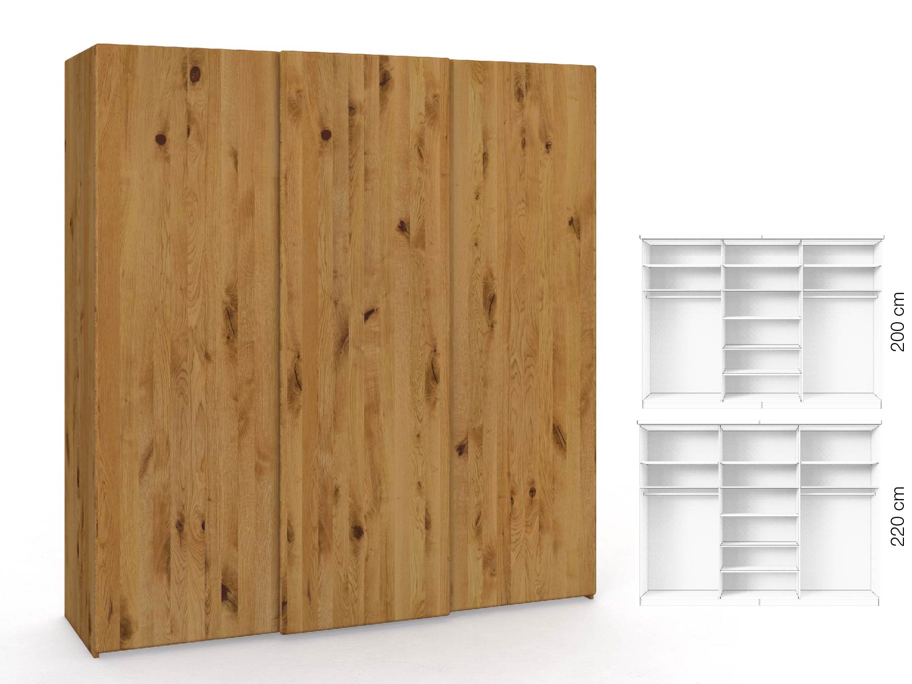 Wildeichenschrank „Viktor", 3-türig, Höhe 220 cm, Inneneinrichtung: B, Grifflos