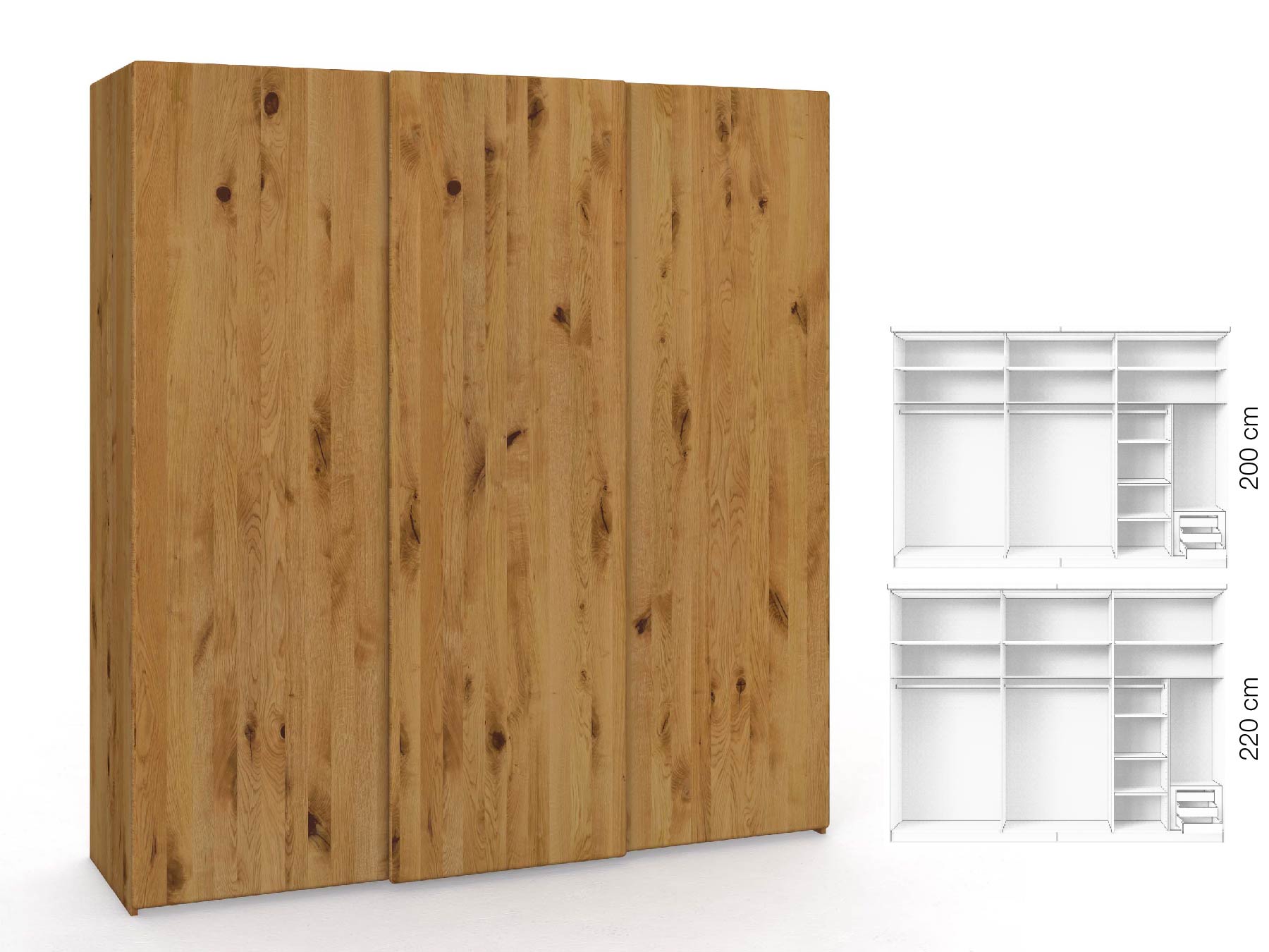 Wildeichenschrank „Viktor", 3-türig, Höhe 220 cm, Inneneinrichtung: C, Grifflos