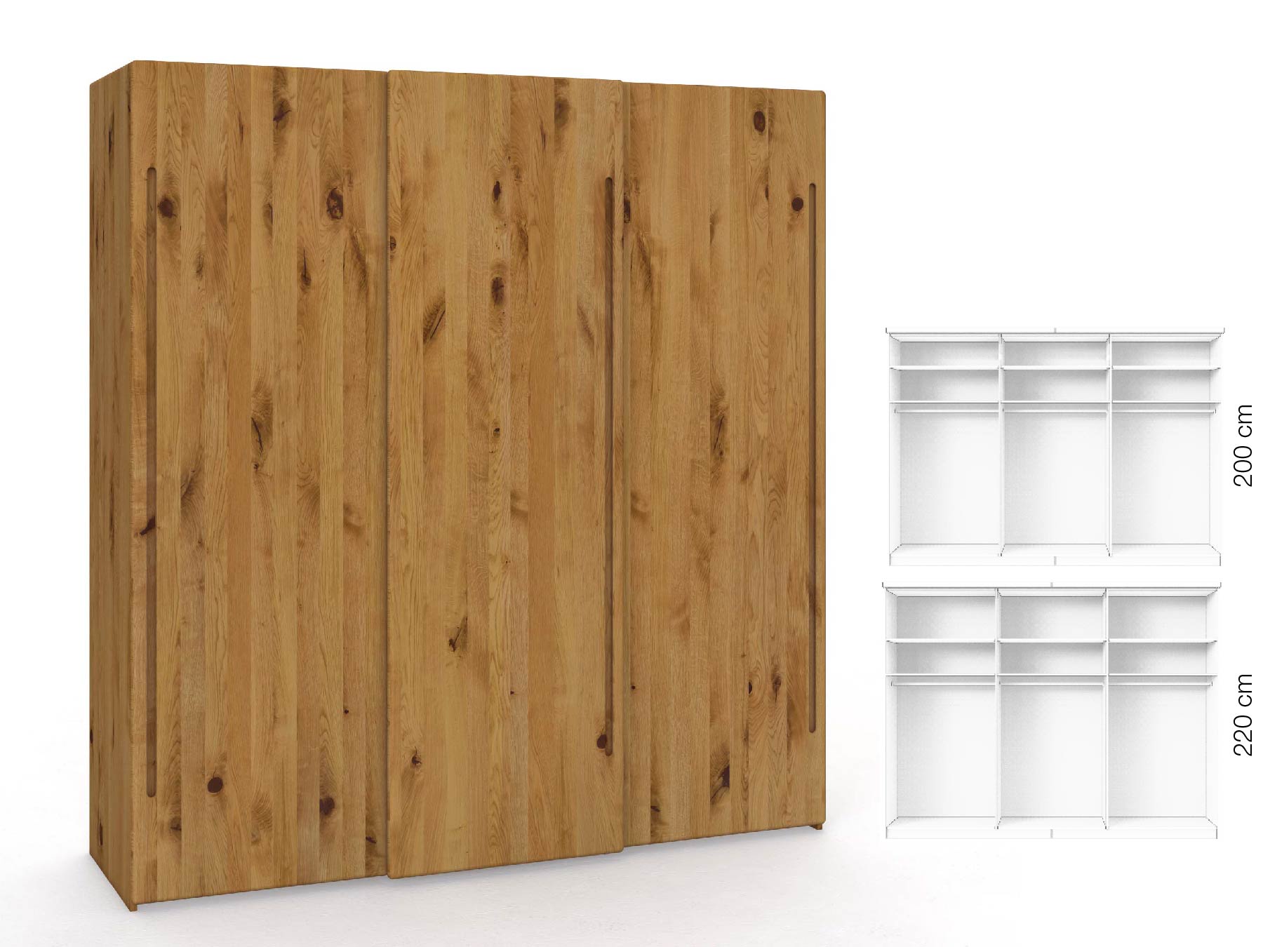 Wildeichenschrank „Viktor", 3-türig, Höhe 220 cm, Inneneinrichtung: A, Griff C