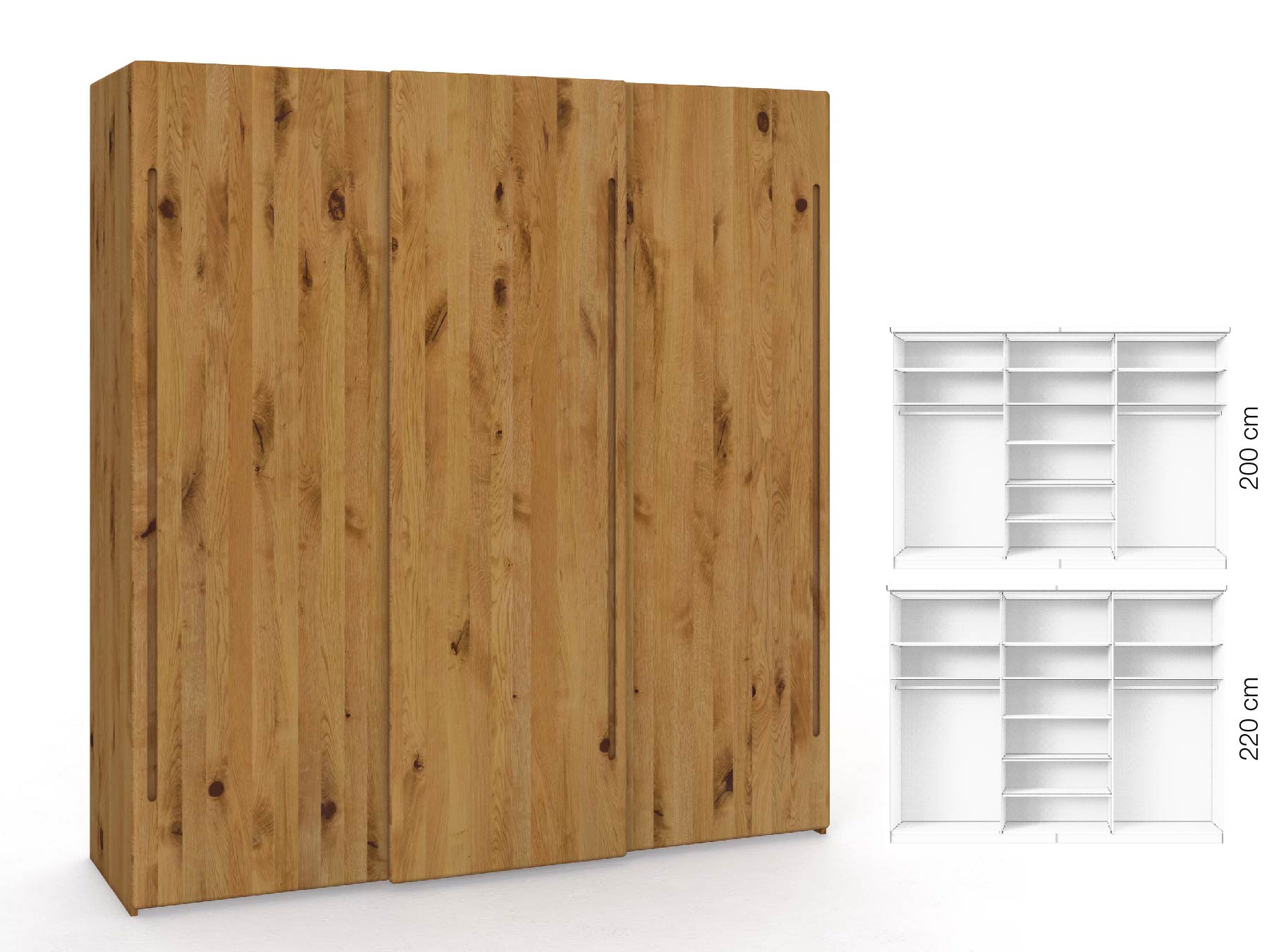 Wildeichenschrank „Viktor", 3-türig, Höhe 220 cm, Inneneinrichtung: B, Griff C