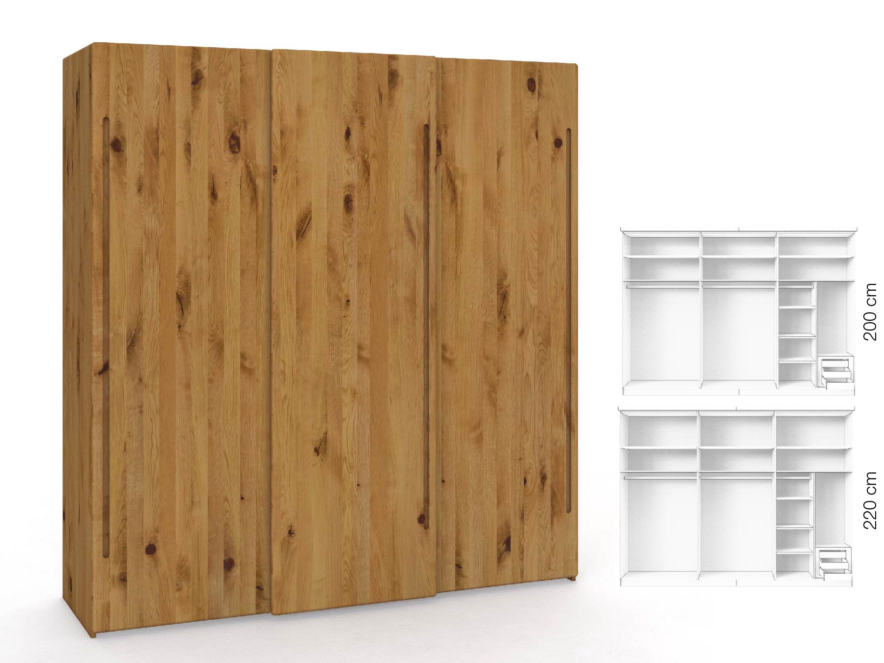 Wildeichenschrank „Viktor", 3-türig, Höhe 220 cm, Inneneinrichtung: C, Griff C