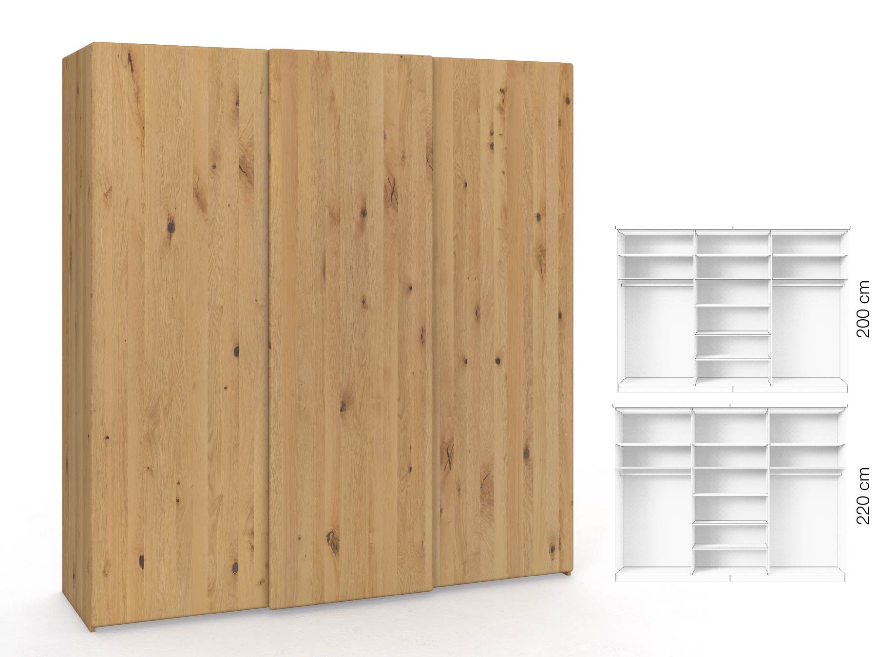 Wildeichenschrank Hell „Viktor", 3-türig, Höhe 220 cm, Inneneinrichtung: B, Grifflos