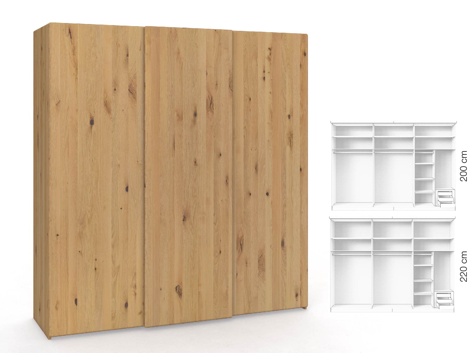 Wildeichenschrank Hell „Viktor", 3-türig, Höhe 220 cm, Inneneinrichtung: C, Grifflos