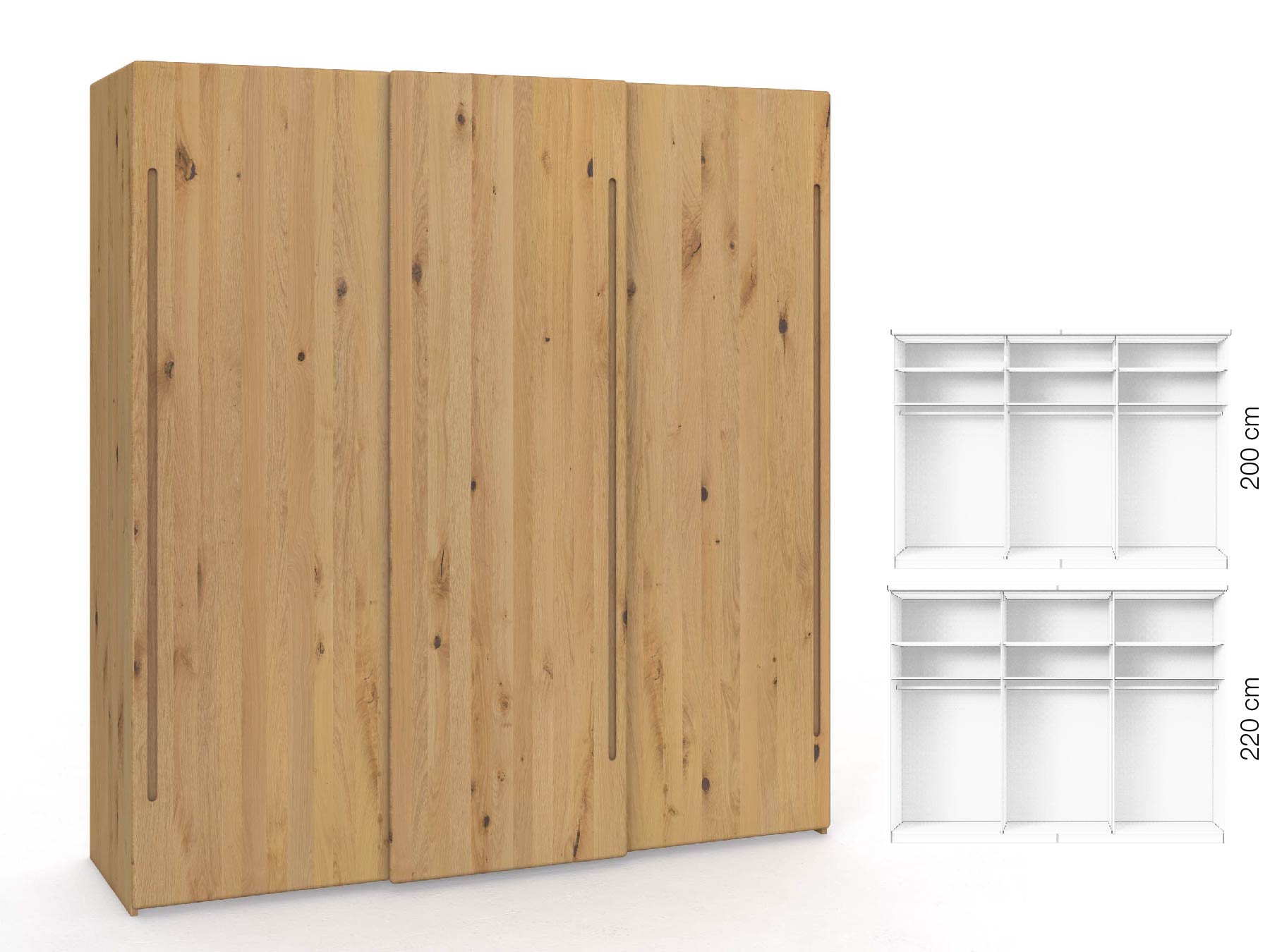 Wildeichenschrank Hell „Viktor", 3-türig, Höhe 220 cm, Inneneinrichtung: A, Griff C
