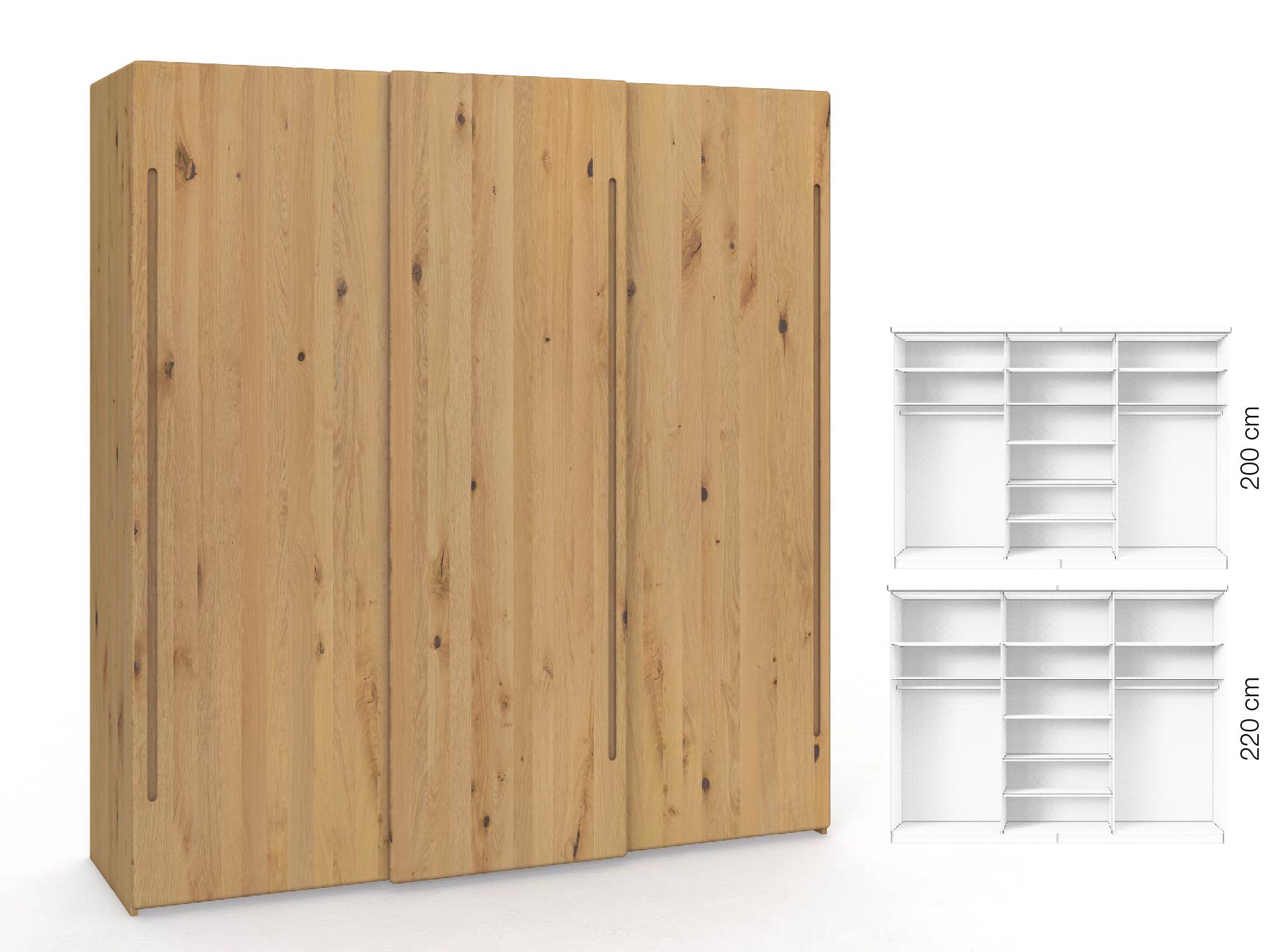 Wildeichenschrank Hell „Viktor", 3-türig, Höhe 220 cm, Inneneinrichtung: B, Griff C