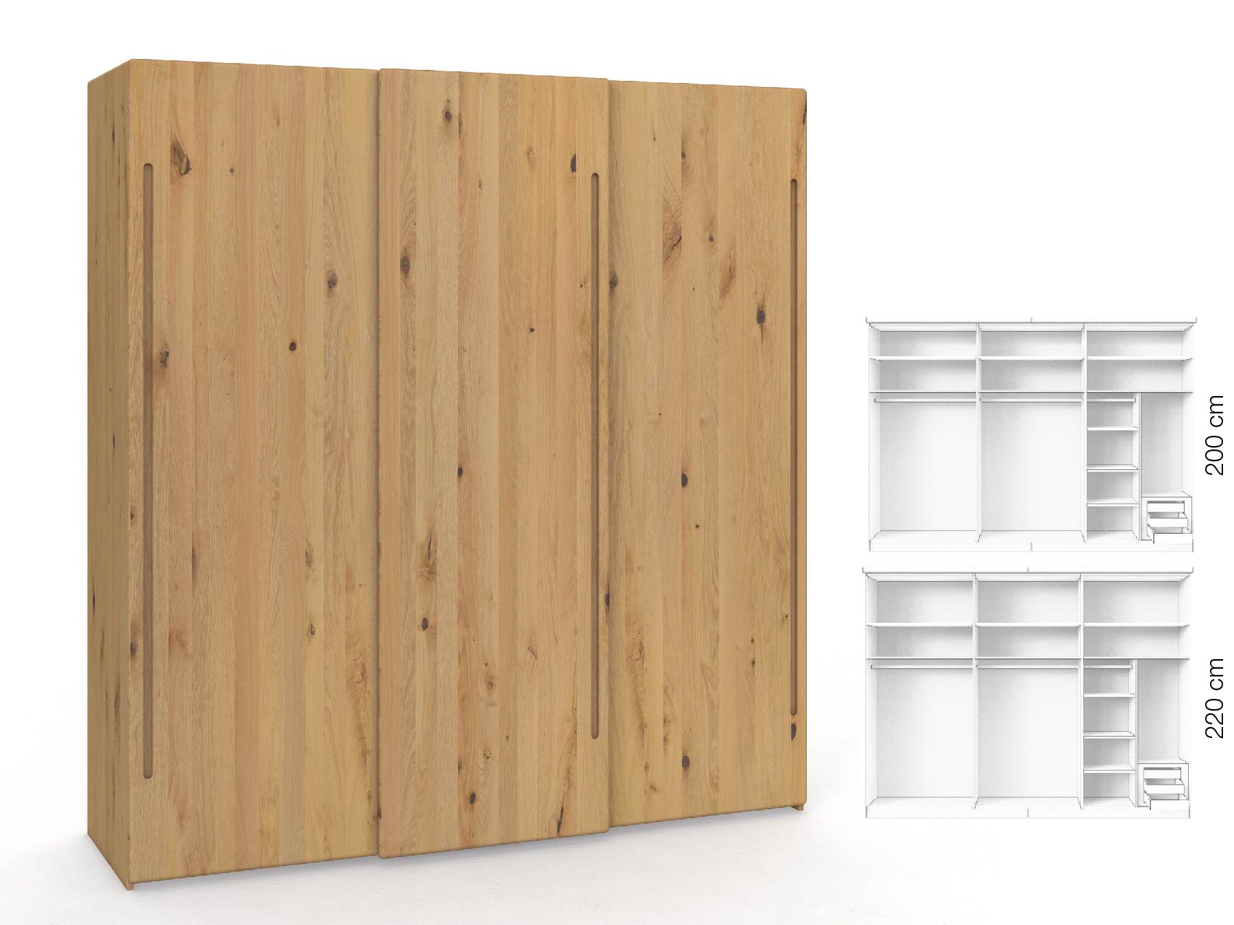 Wildeichenschrank Hell „Viktor", 3-türig, Höhe 220 cm, Inneneinrichtung: C, Griff C