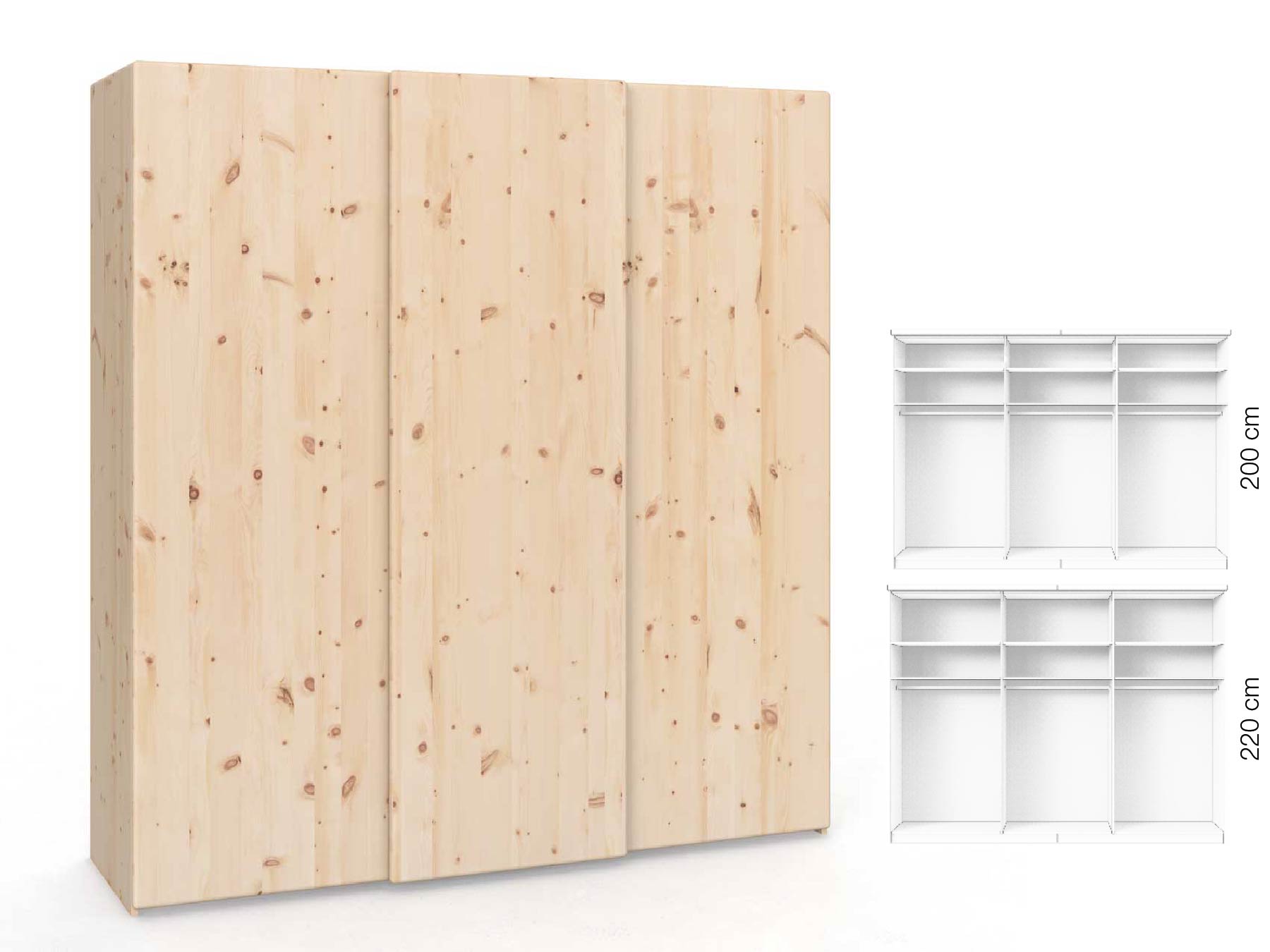 Zirbenschrank „Viktor", 3-türig, Höhe 220 cm, Inneneinrichtung: A, Grifflos
