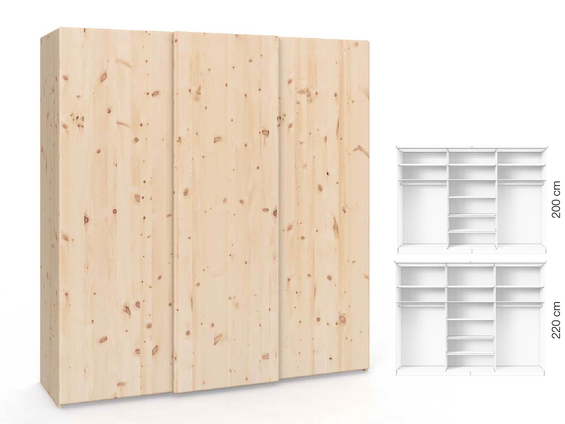 Zirbenschrank „Viktor", 3-türig, Höhe 220 cm, Inneneinrichtung: B, Grifflos