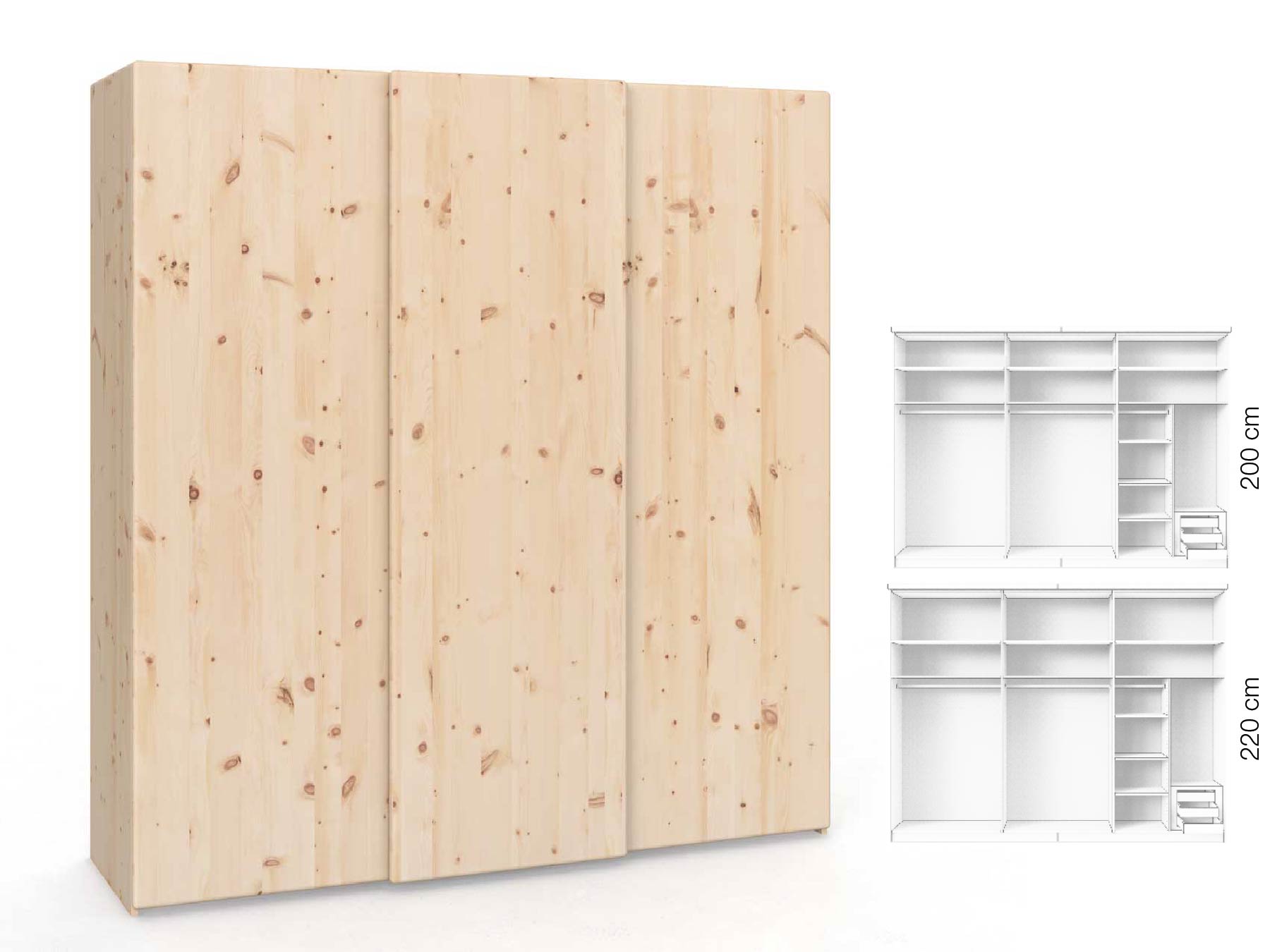 Zirbenschrank „Viktor", 3-türig, Höhe 220 cm, Inneneinrichtung: C, Grifflos