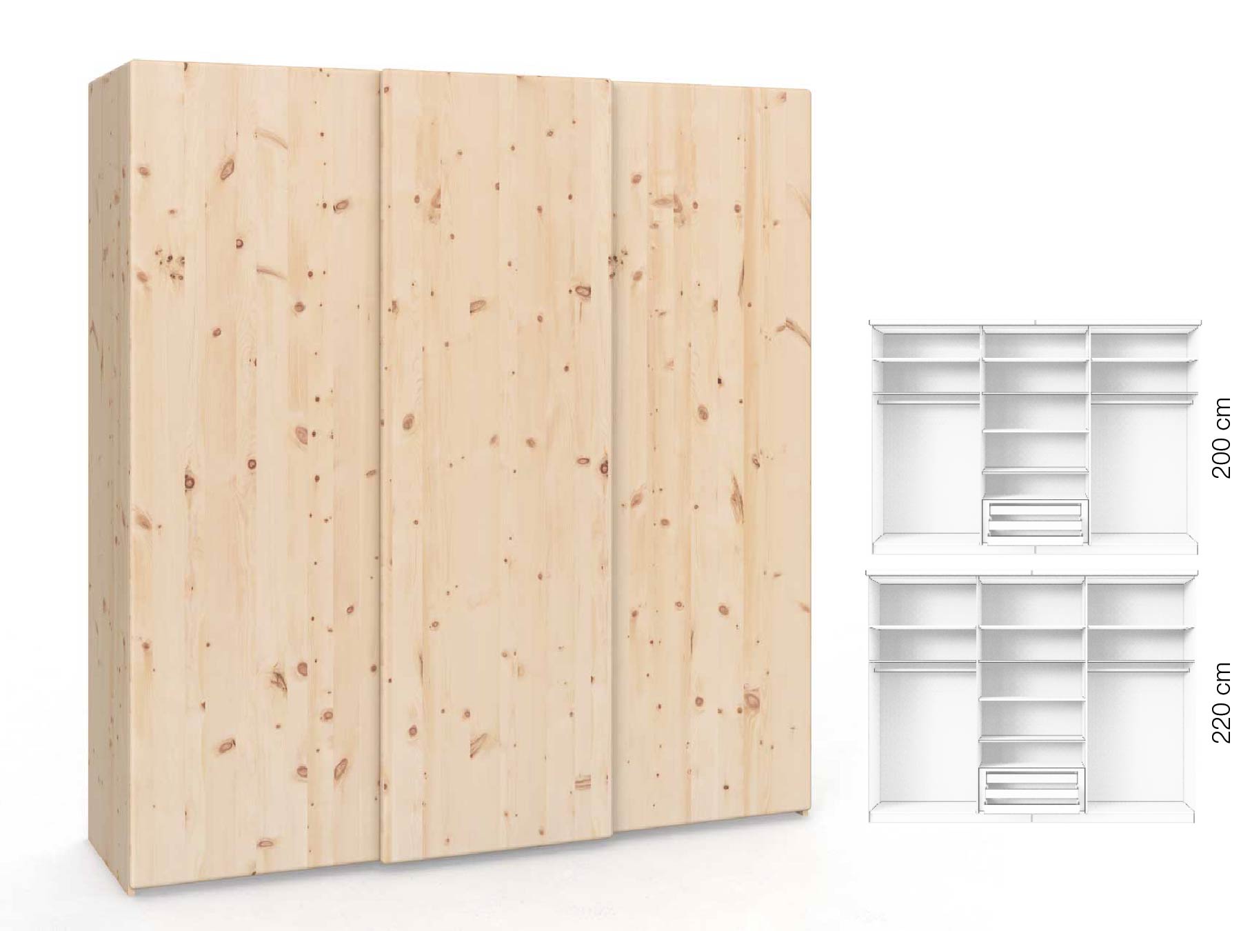 Zirbenschrank „Viktor", 3-türig, Höhe 220 cm, Inneneinrichtung: D, Grifflos