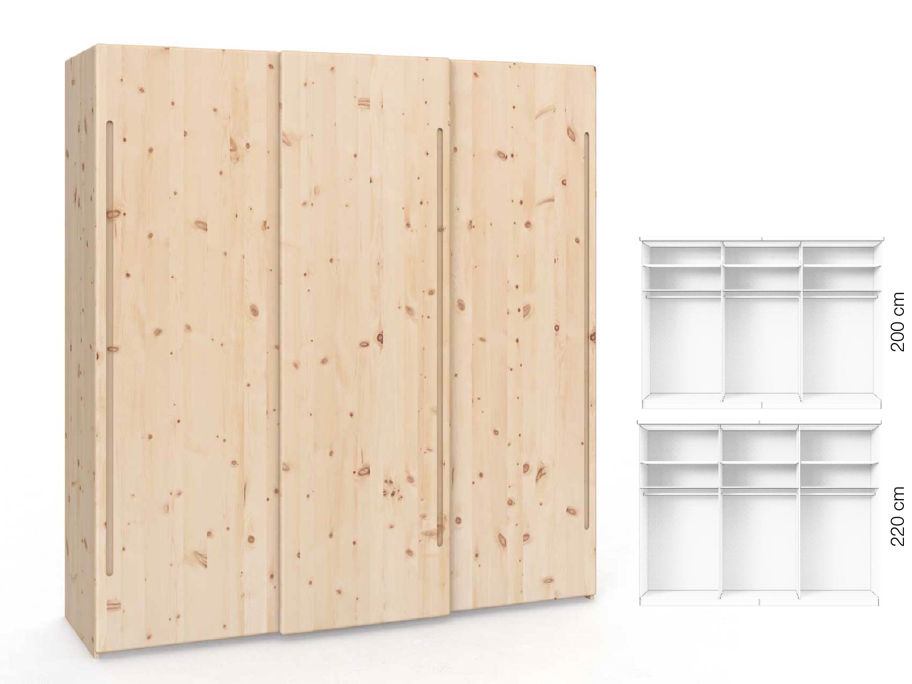 Zirbenschrank „Viktor", 3-türig, Höhe 220 cm, Inneneinrichtung: A, Griff: C