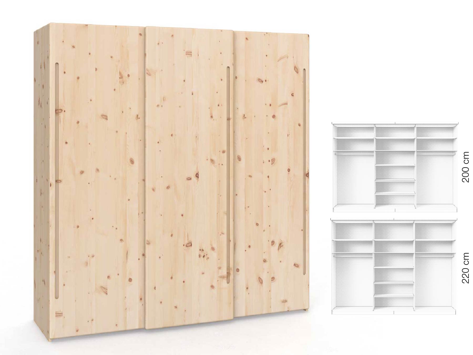 Zirbenschrank „Viktor", 3-türig, Höhe 220 cm, Inneneinrichtung: B, Griff: C