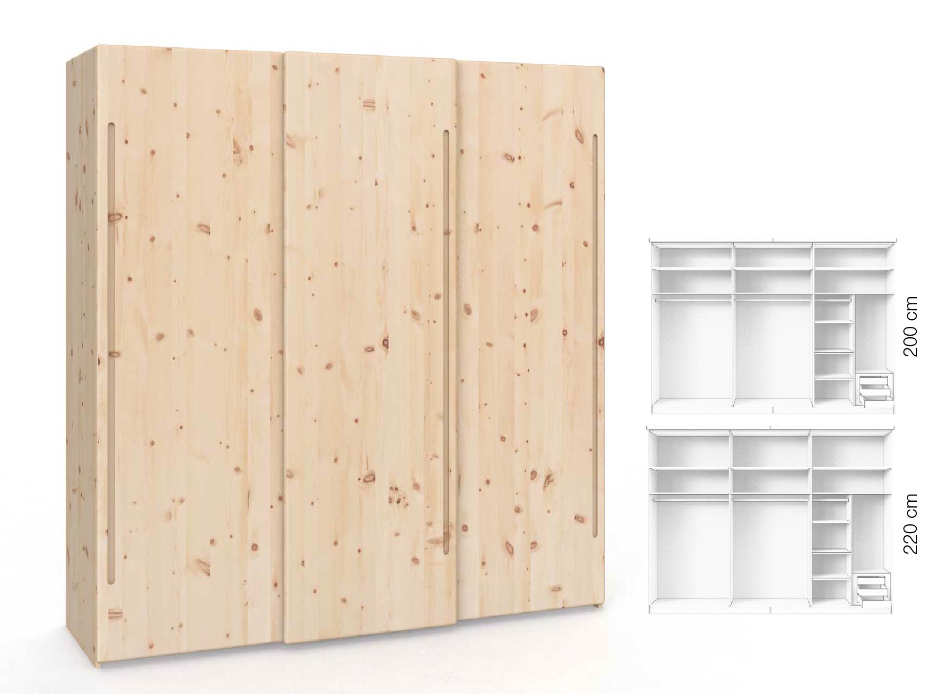 Zirbenschrank „Viktor", 3-türig, Höhe 220 cm, Inneneinrichtung: C, Griff: C
