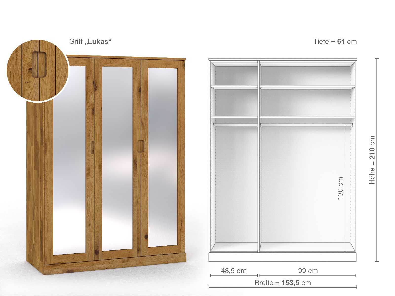 Schrank „Alpenrose“ aus Wildeiche, 3-türig, Höhe 210 cm, Griffausführung „Lukas“, Inneneinrichtung A