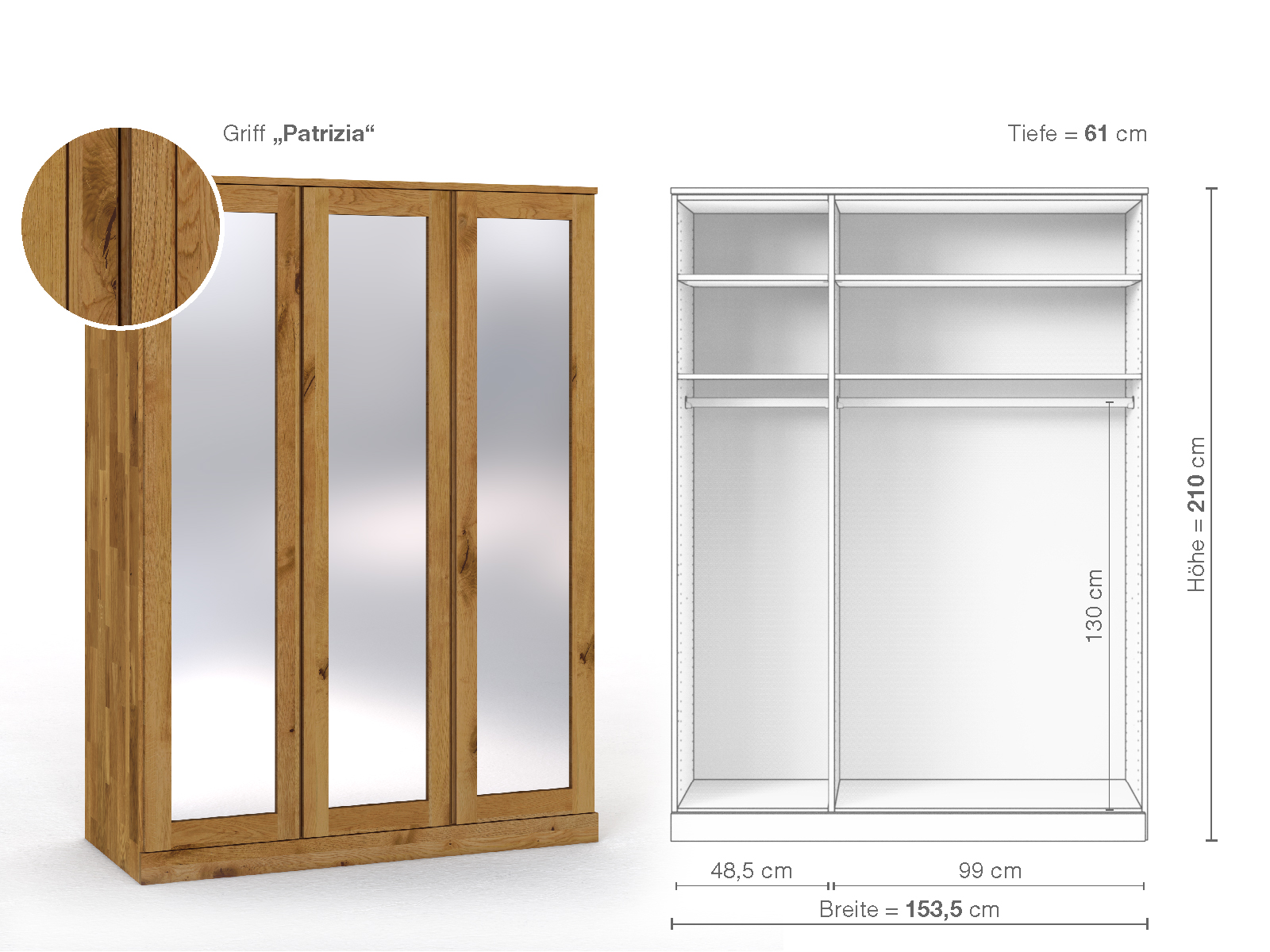 Schrank „Alpenrose“ aus Wildeiche, 3-türig, Höhe 210 cm, Griffausführung „Patrizia“, Inneneinrichtung A